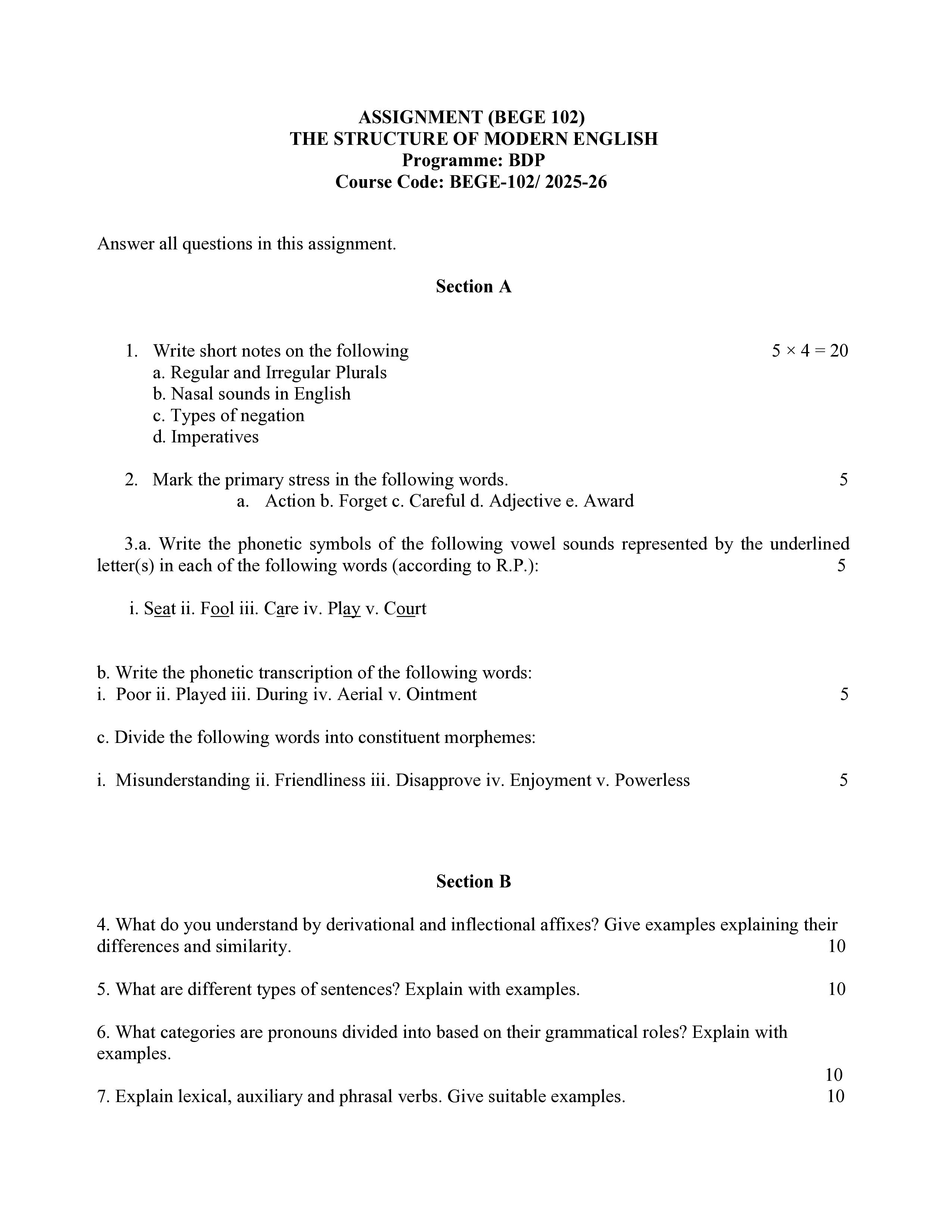 IGNOU BEGE 102 Solved Assignment 2025-2026 – The Strucutre of Modern English (English) | IGNOU Students Portal