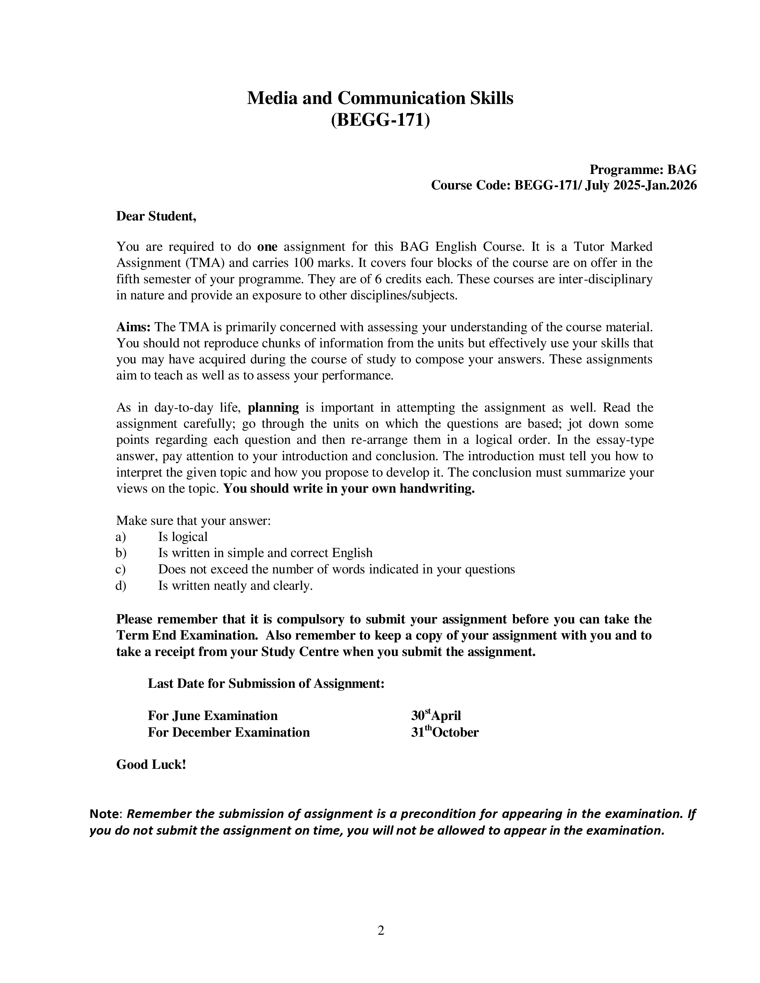 IGNOU BEGG 171 Handwritten Hardcopy Assignment 2025-2026 (English Medium)