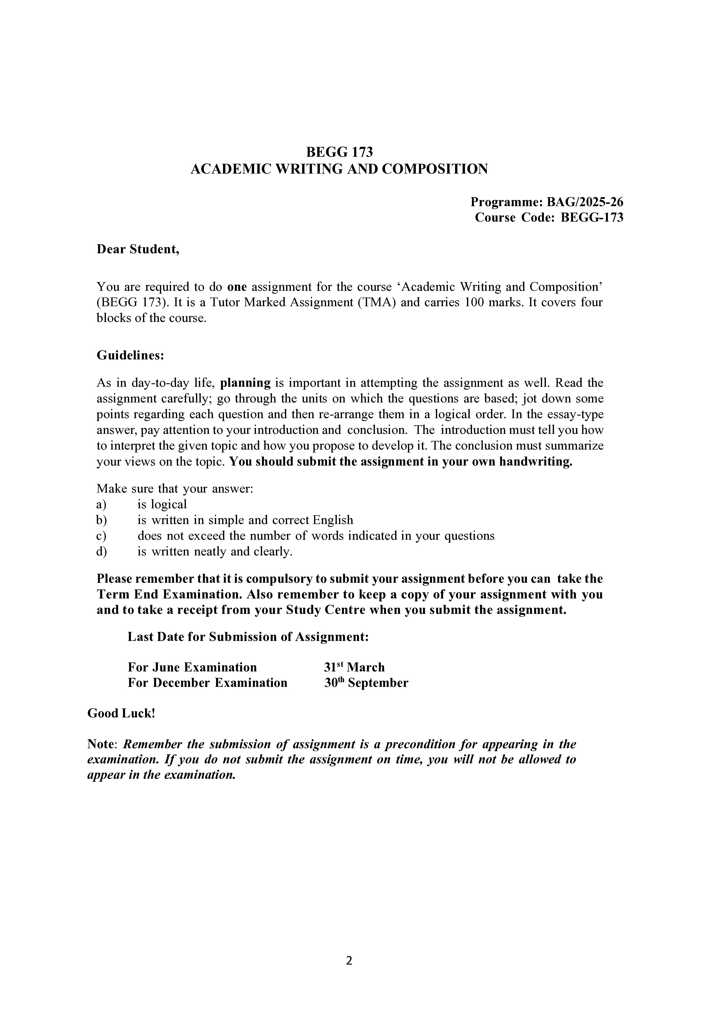 IGNOU BEGG 173 Solved Assignment 2025-2026 – Academic Writing & Composition (English) | IGNOU Students Portal