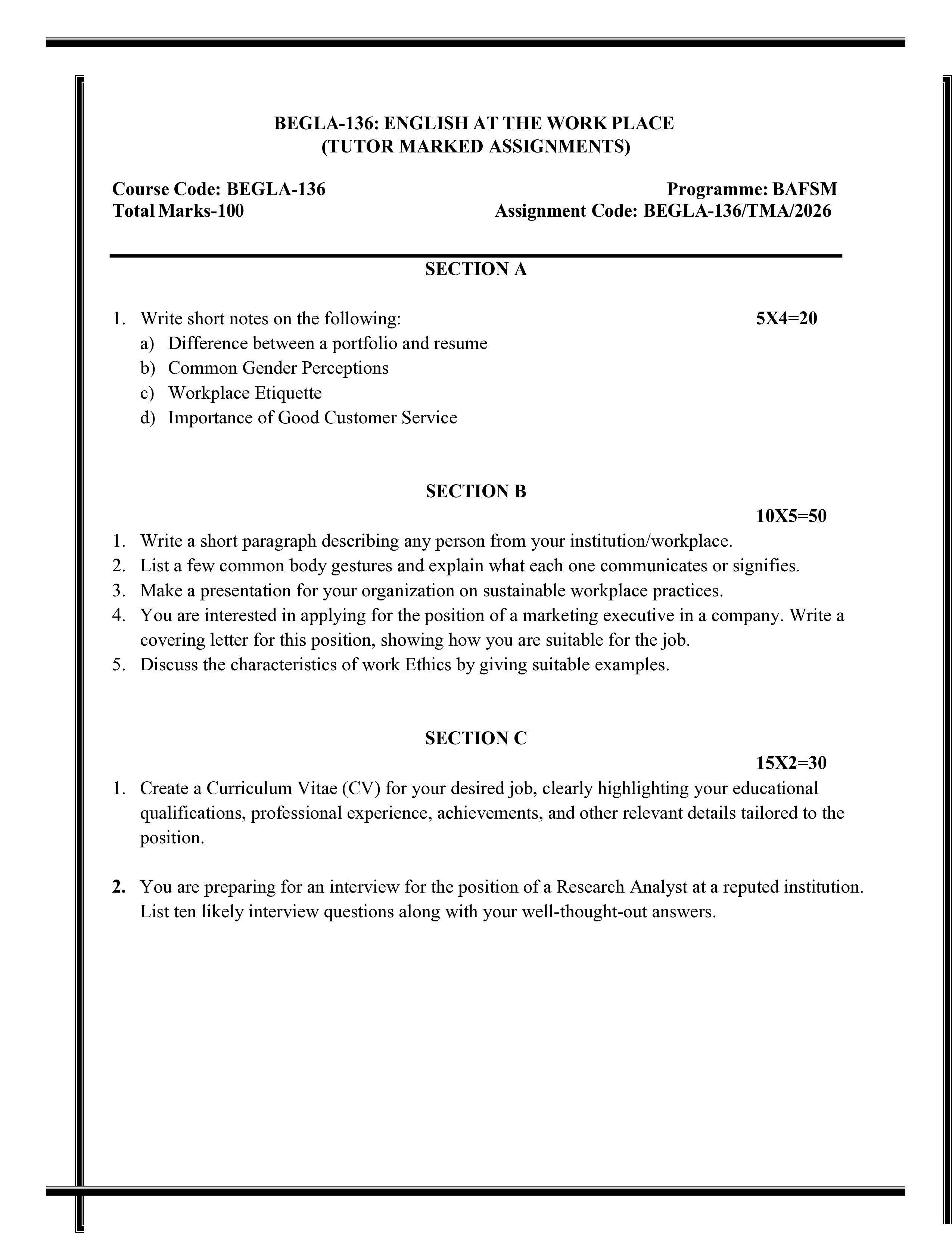 IGNOU BEGLA 136 Solved Assignment 2026-26 – English at the Workplace (English) | IGNOU Students Portal