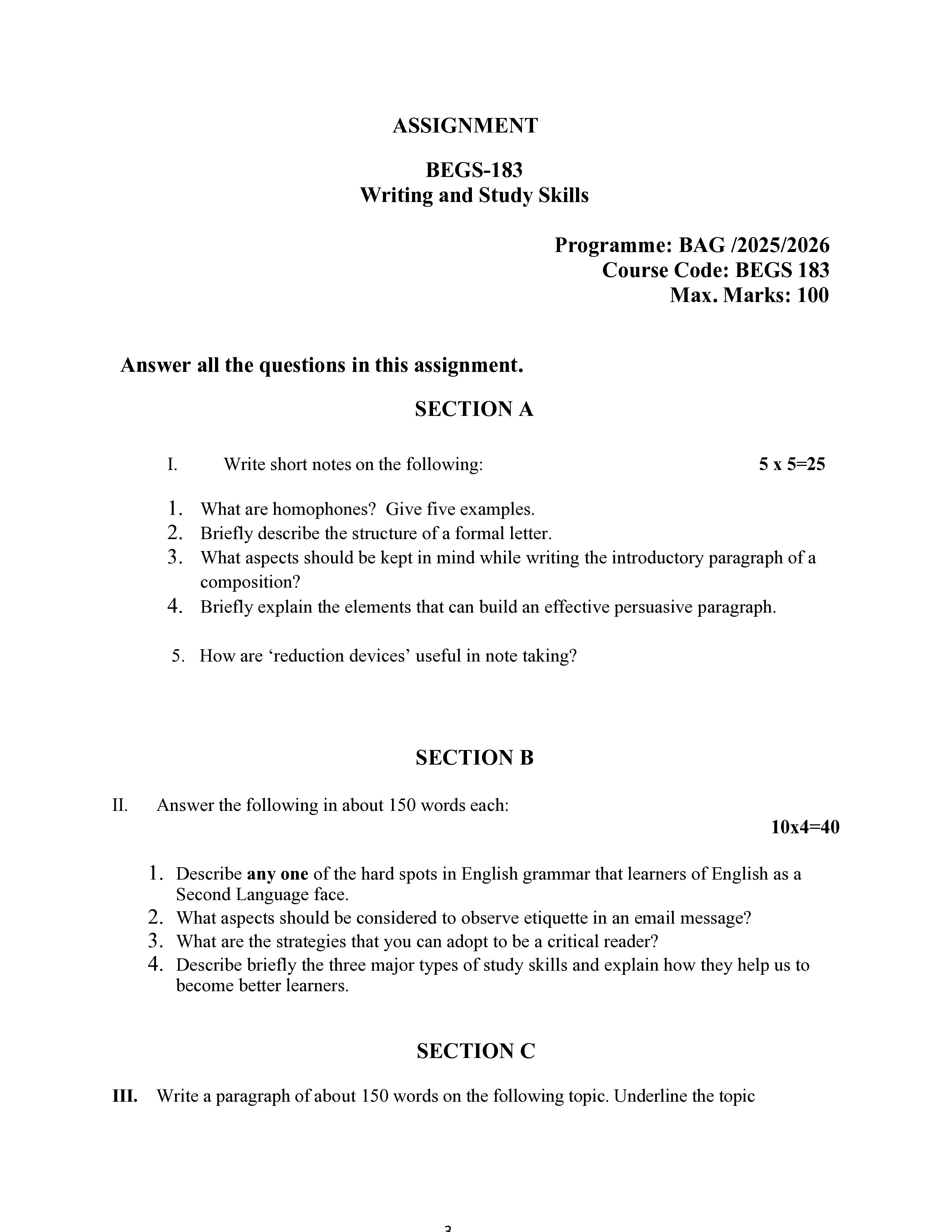 IGNOU BEGS 183 Solved Assignment 2025-2026 – Writing and Study Skills (English) | IGNOU Students Portal