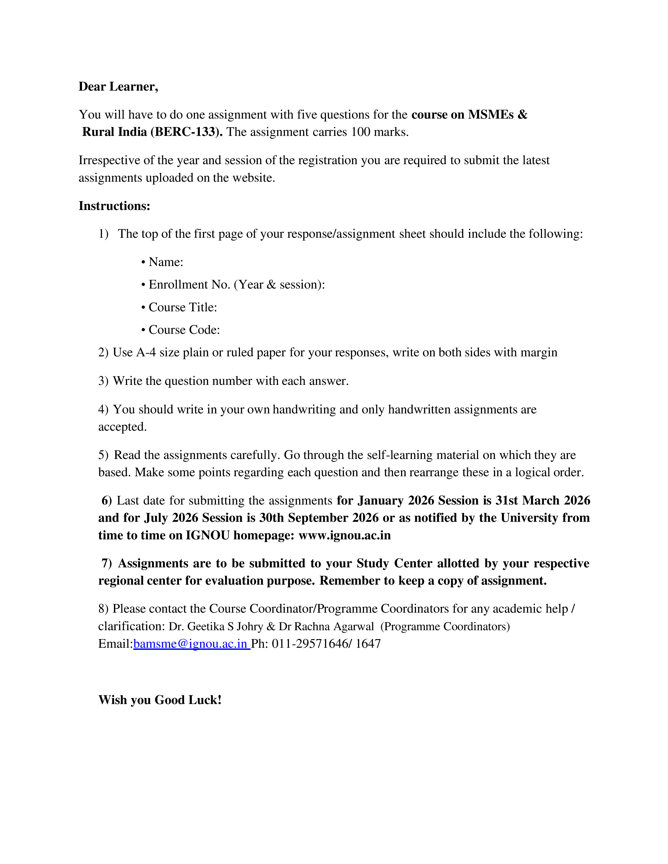 IGNOU BERC 133 Solved Assignment 2026-26 – MSMEs and Rural India (English) | IGNOU Students Portal