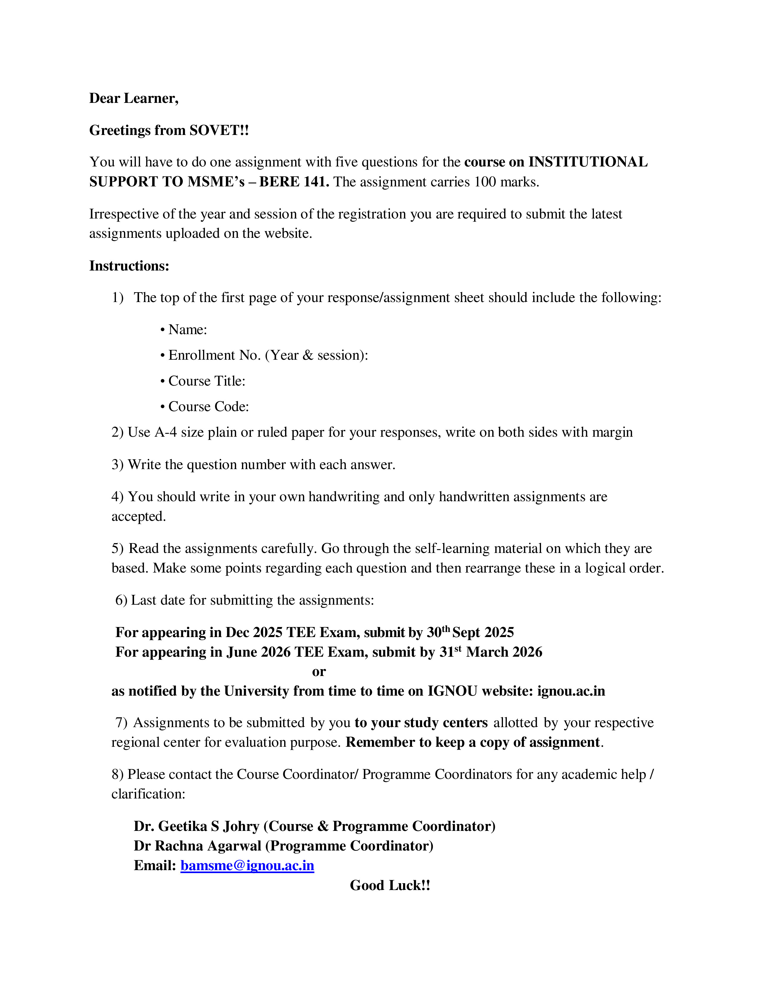 IGNOU BERE 141 Solved Assignment 2025-2026 – Institutional Support to MSME's (English) | IGNOU Students Portal