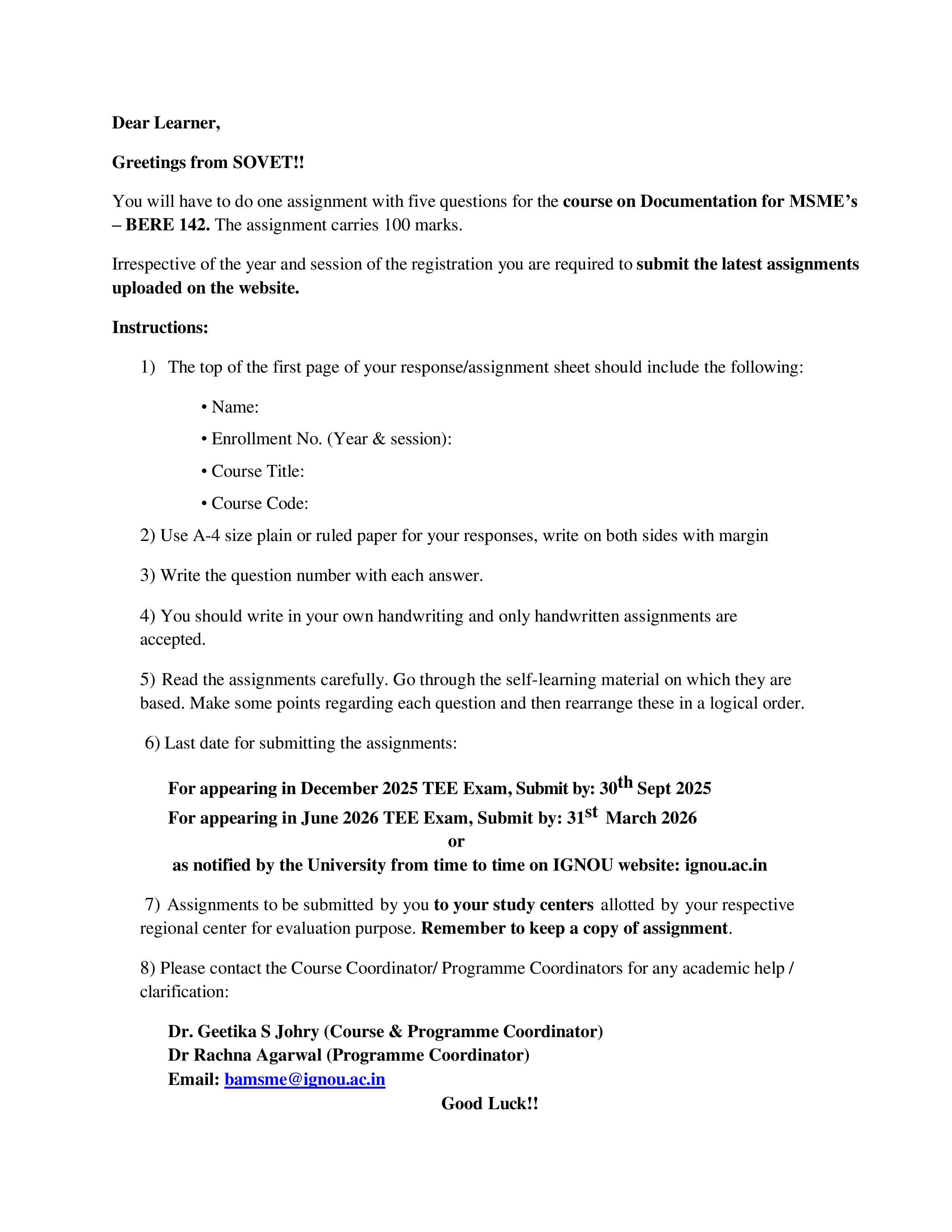 IGNOU BERE 142 Solved Assignment 2025-2026 – Documentation for MSME's (English) | IGNOU Students Portal