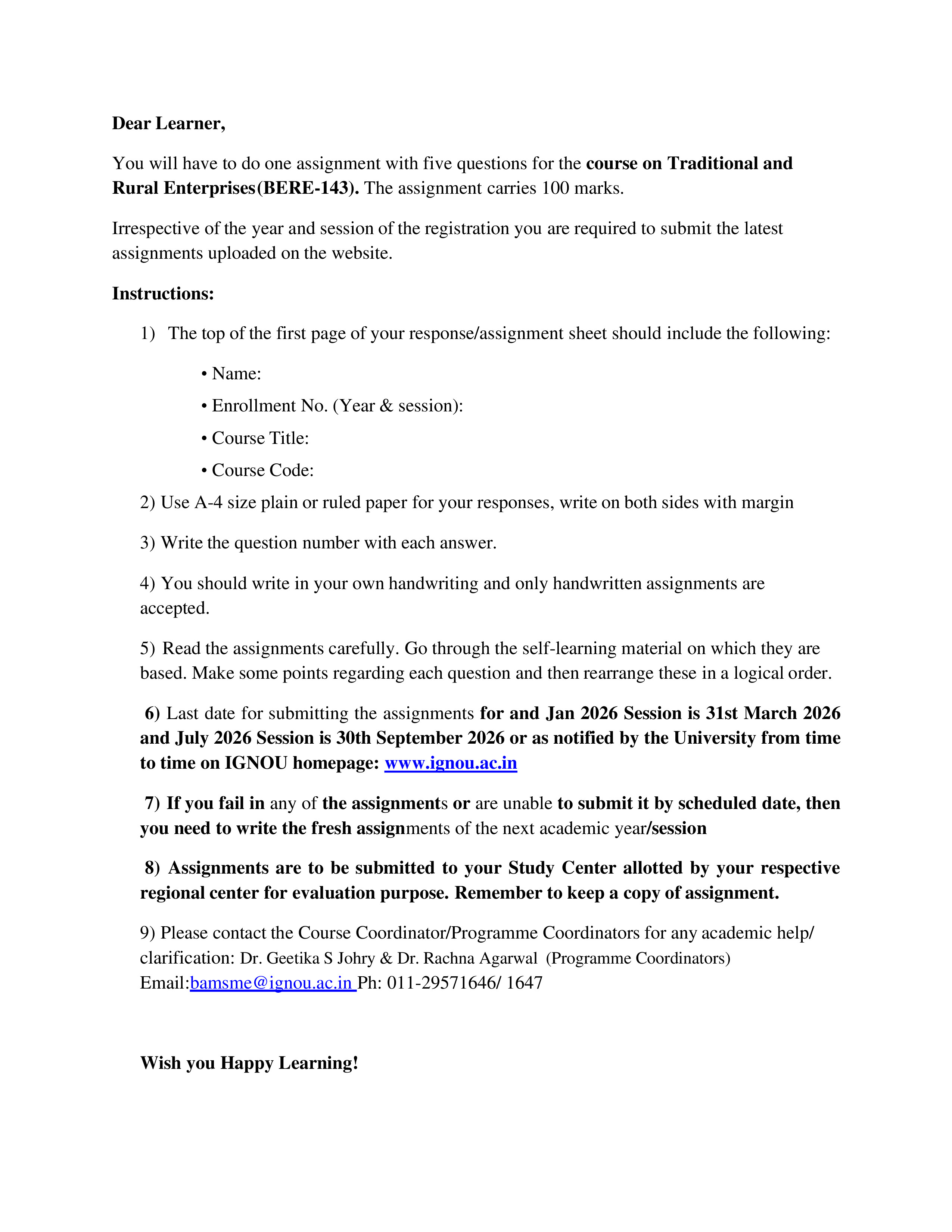 IGNOU BERE 143 Solved Assignment 2026-26 – Traditional and Rural Enterprises (English) | IGNOU Students Portal