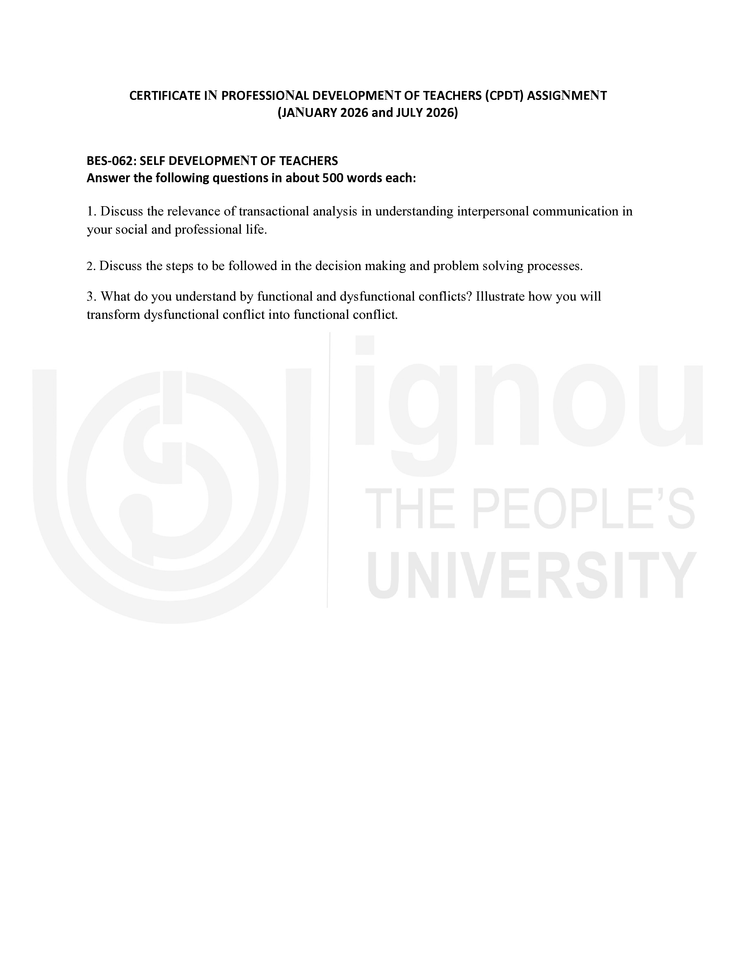 IGNOU BES 062 Solved Assignment 2026-26 – SELF-DEVELOPMENT OF TEACHERS (English) | IGNOU Students Portal