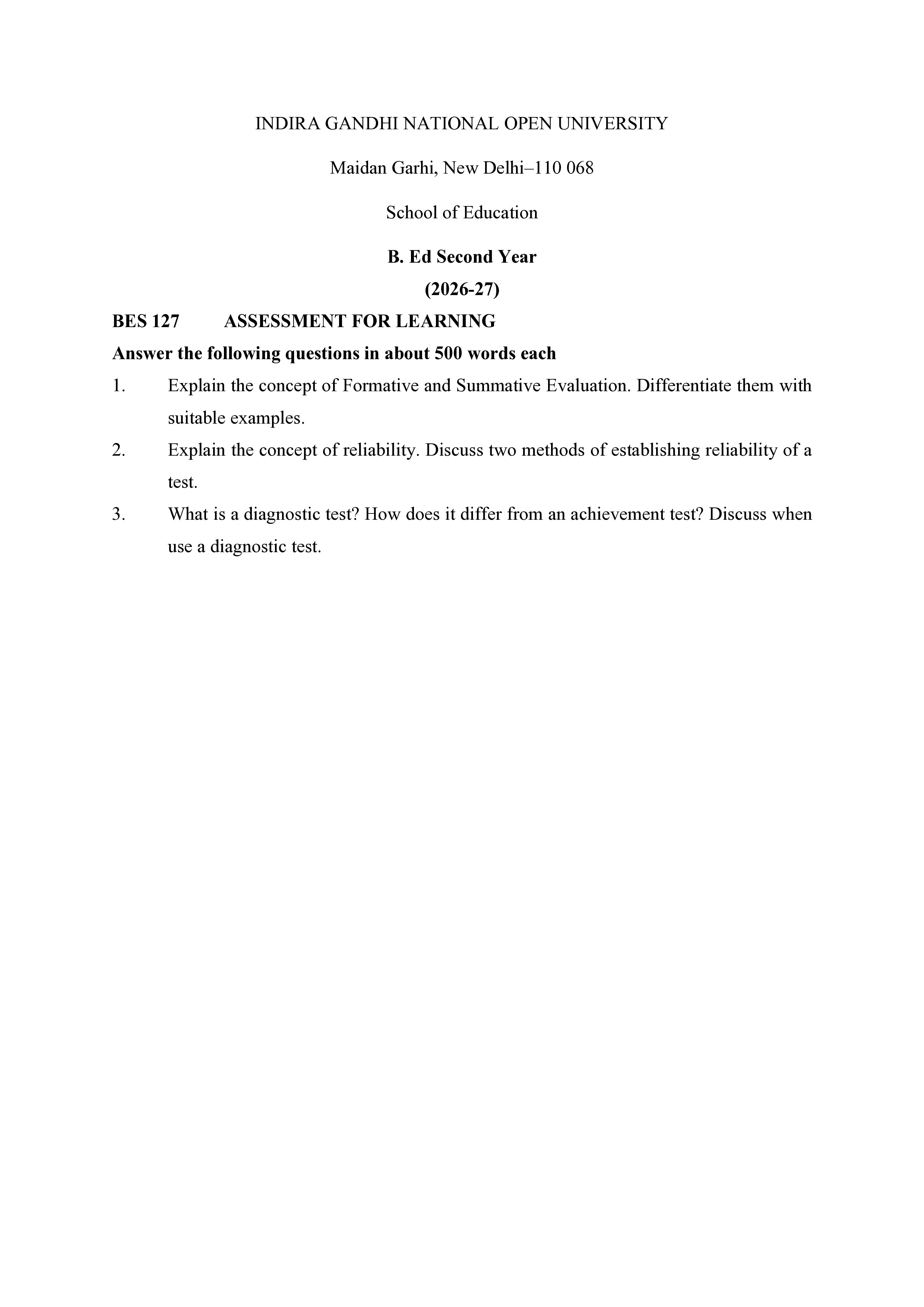 IGNOU BES 127 Solved Assignment 2026-26 – Assessment for Learning (English) | IGNOU Students Portal