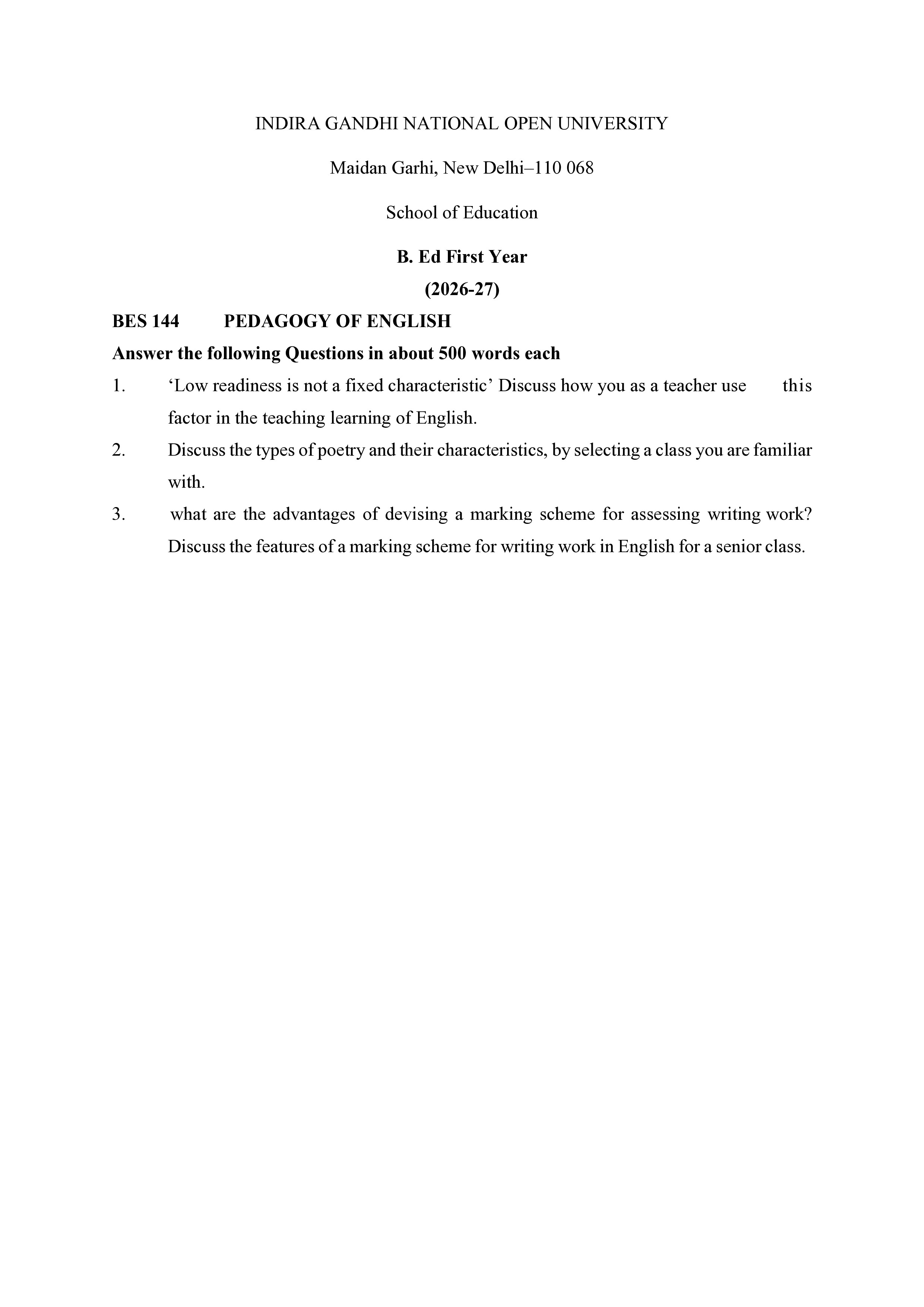 IGNOU BES 143 Solved Assignment 2026-26 – Pedagogy of Mathematics (English) | IGNOU Students Portal