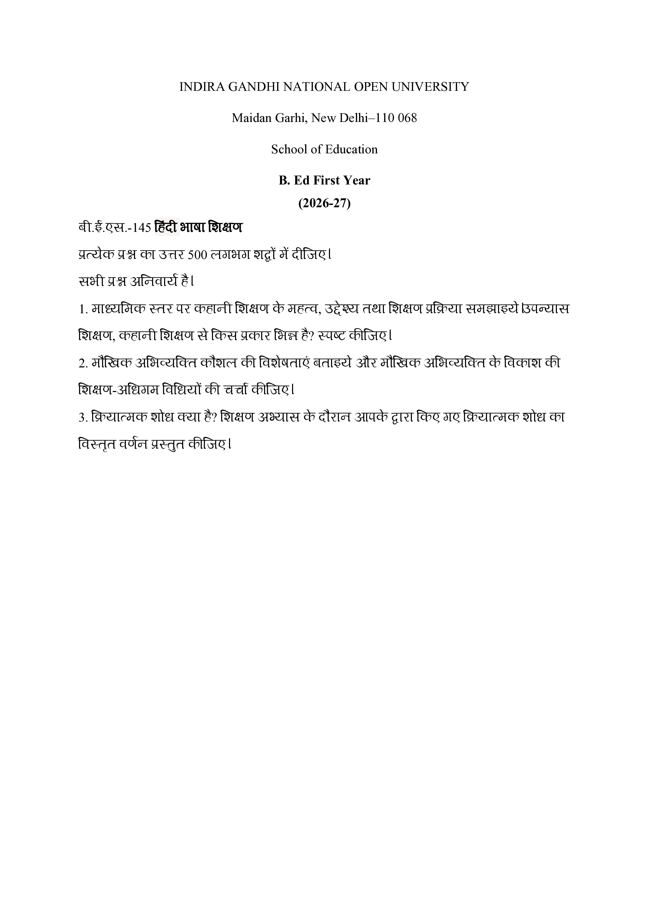 IGNOU BES 145 Solved Assignment 2026-26 – (English) | IGNOU Students Portal