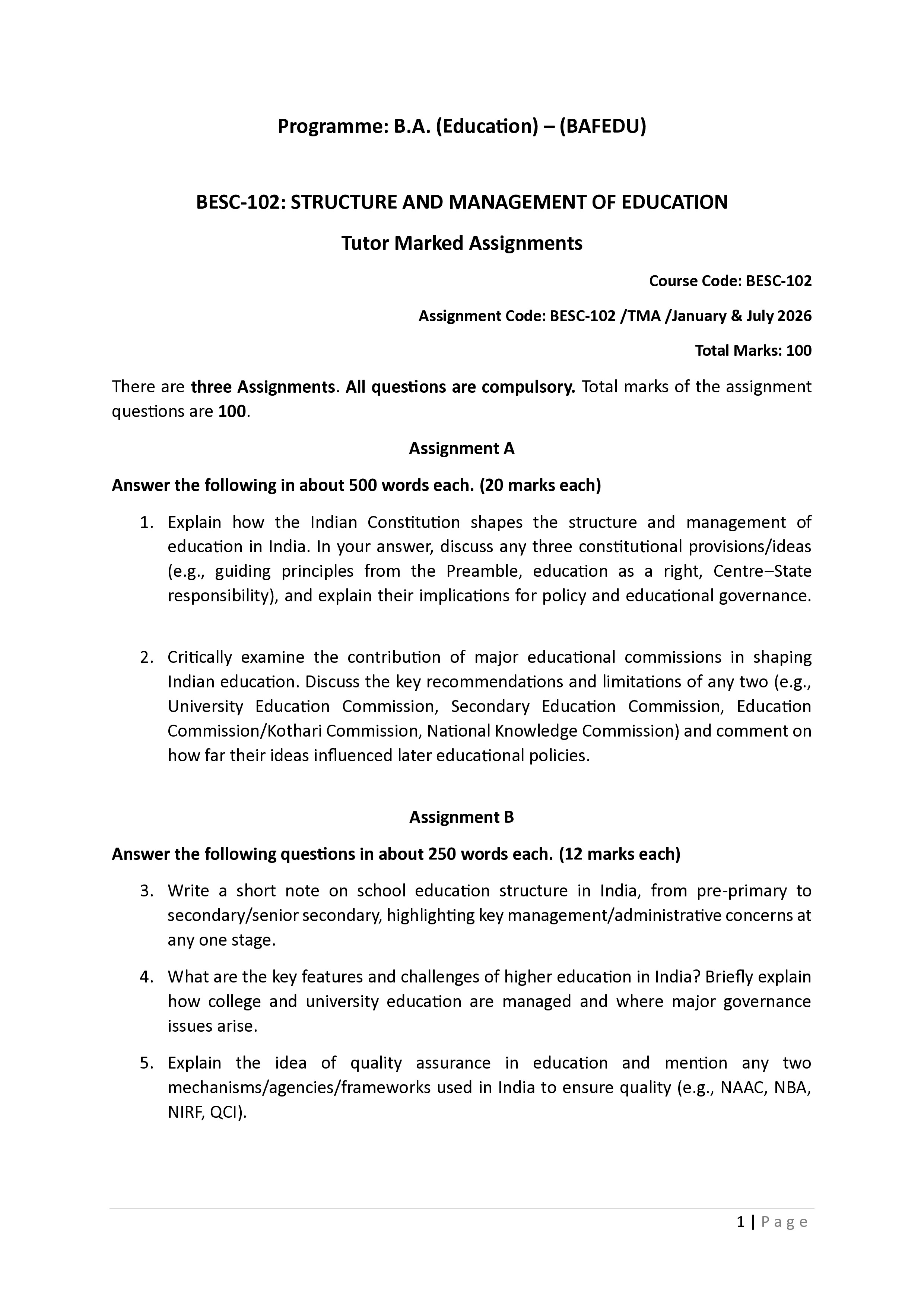 IGNOU BESC 102 Solved Assignment 2026-26 – Structure and Management of Education (English) | IGNOU Students Portal
