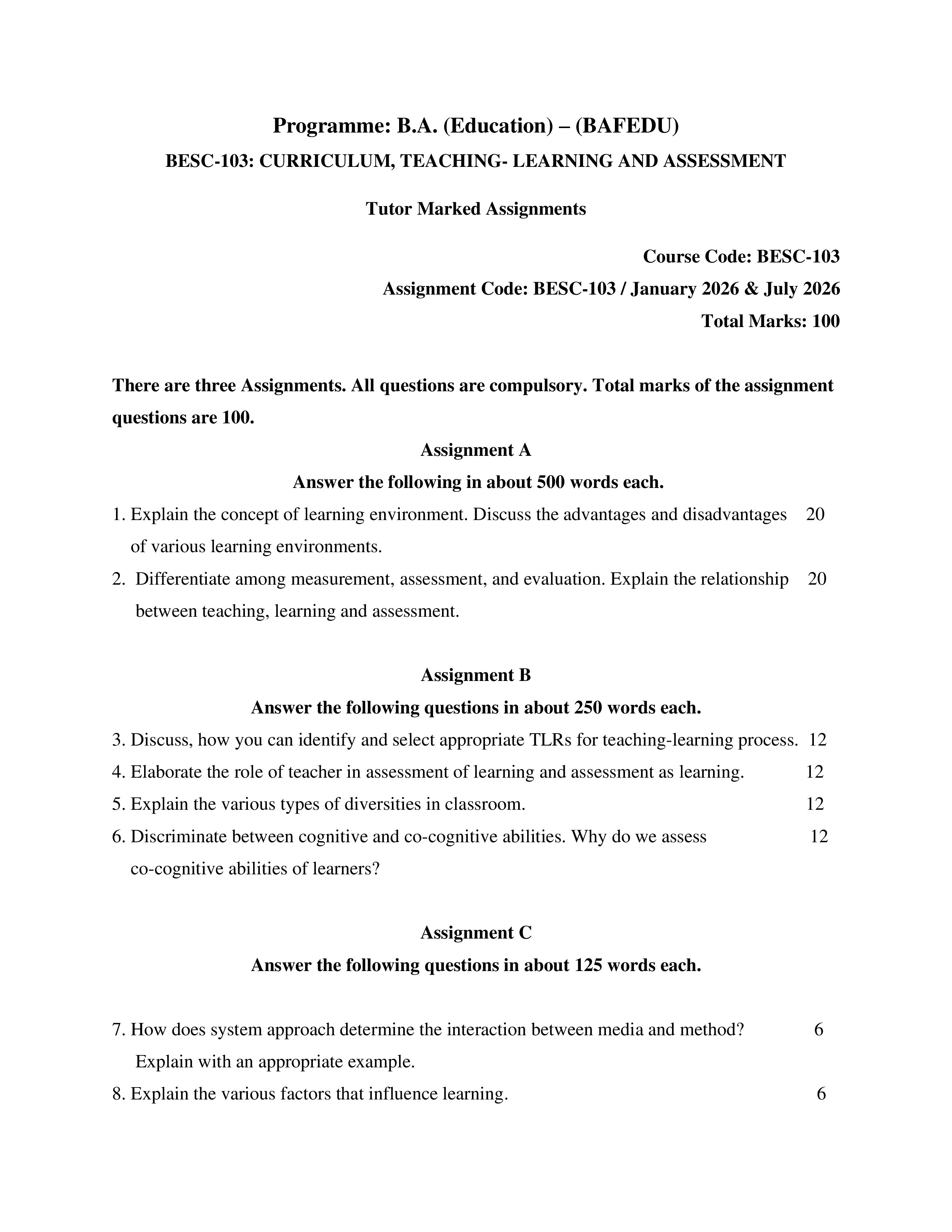 IGNOU BESC 103 Solved Assignment 2026-26 – Curriculum, Teaching-Learning and Assessment (English) | IGNOU Students Portal