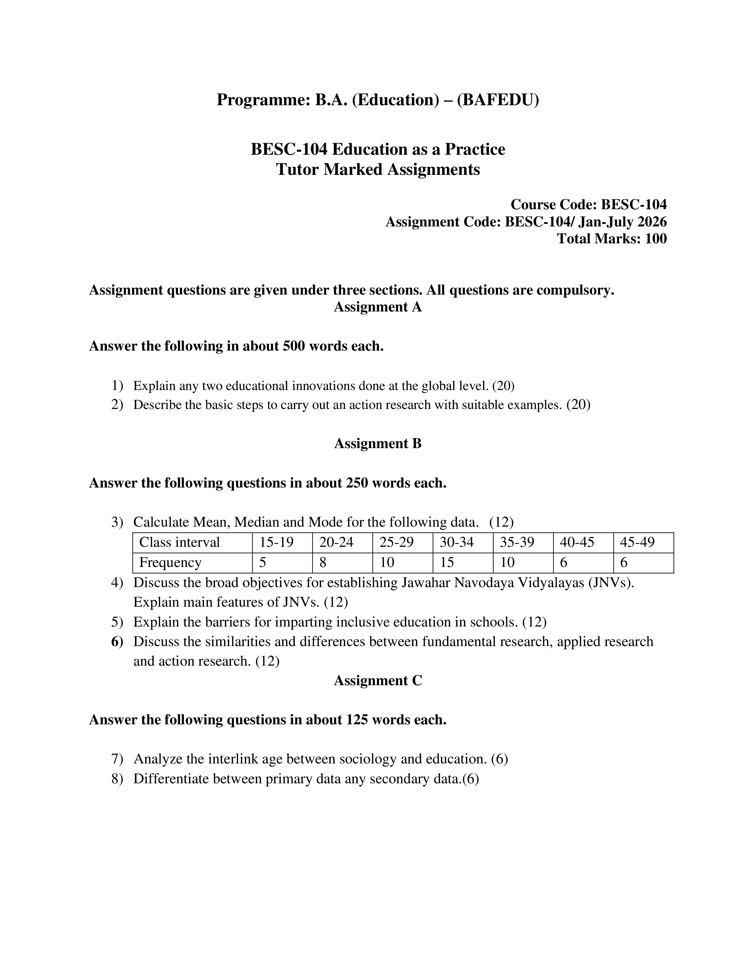 IGNOU BESC 104 Solved Assignment 2026-26 – Education as a Practice (English) | IGNOU Students Portal