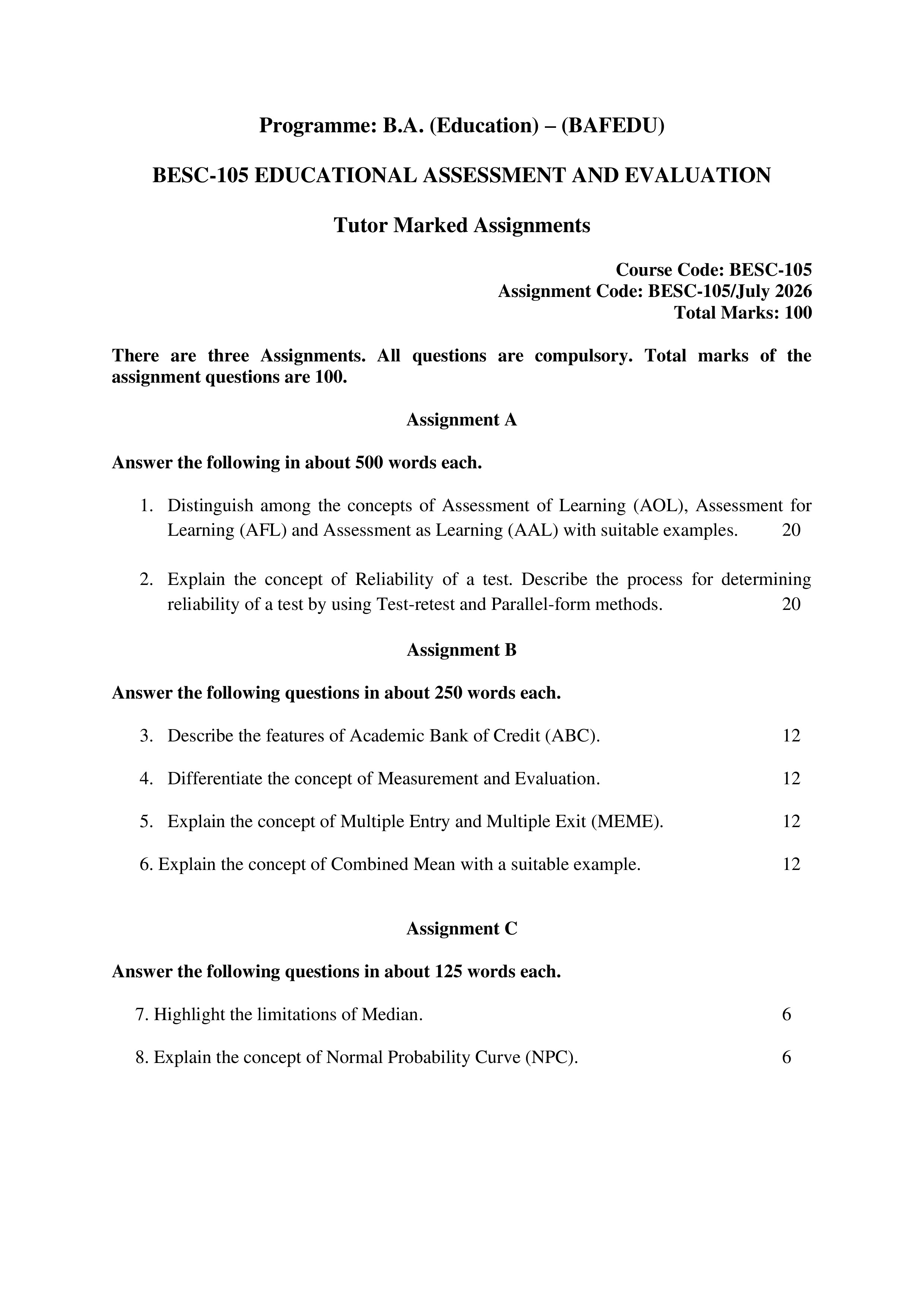 IGNOU BESC 105 Solved Assignment 2026-26 – Educational Assessment and Evaluation (English) | IGNOU Students Portal