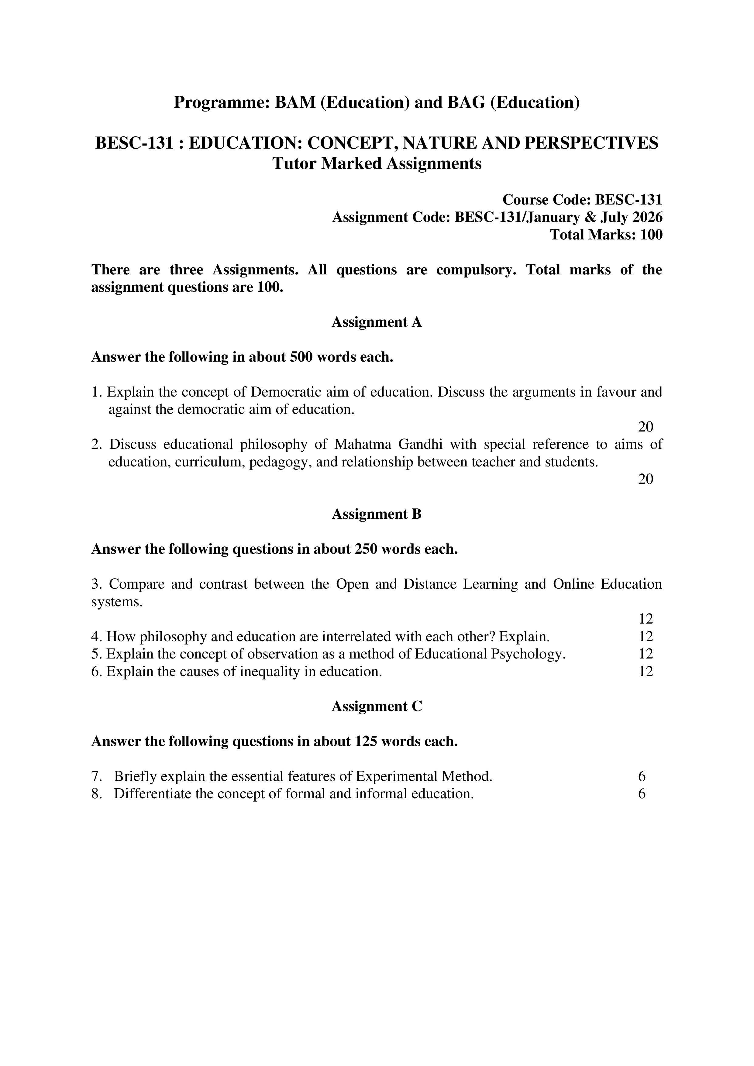 IGNOU BESC 131 Solved Assignment 2026-26 – EducationConcept, Nature and Perspective (English) | IGNOU Students Portal