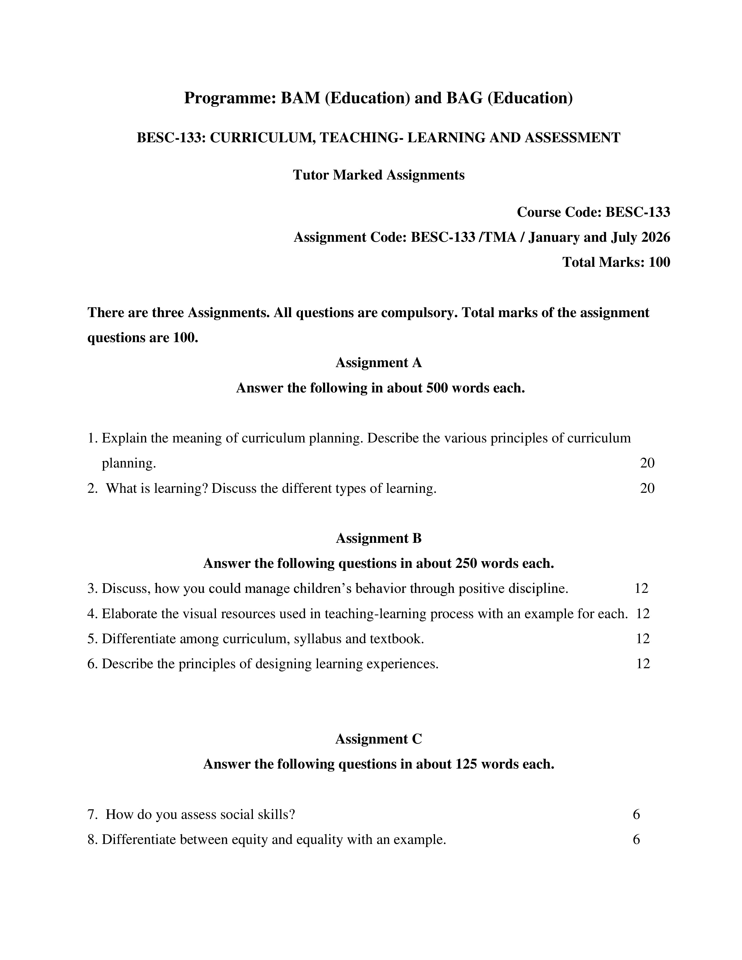 IGNOU BESC 133 Solved Assignment 2026-26 – Curriculum, Teaching-Learning and Assessment (English) | IGNOU Students Portal
