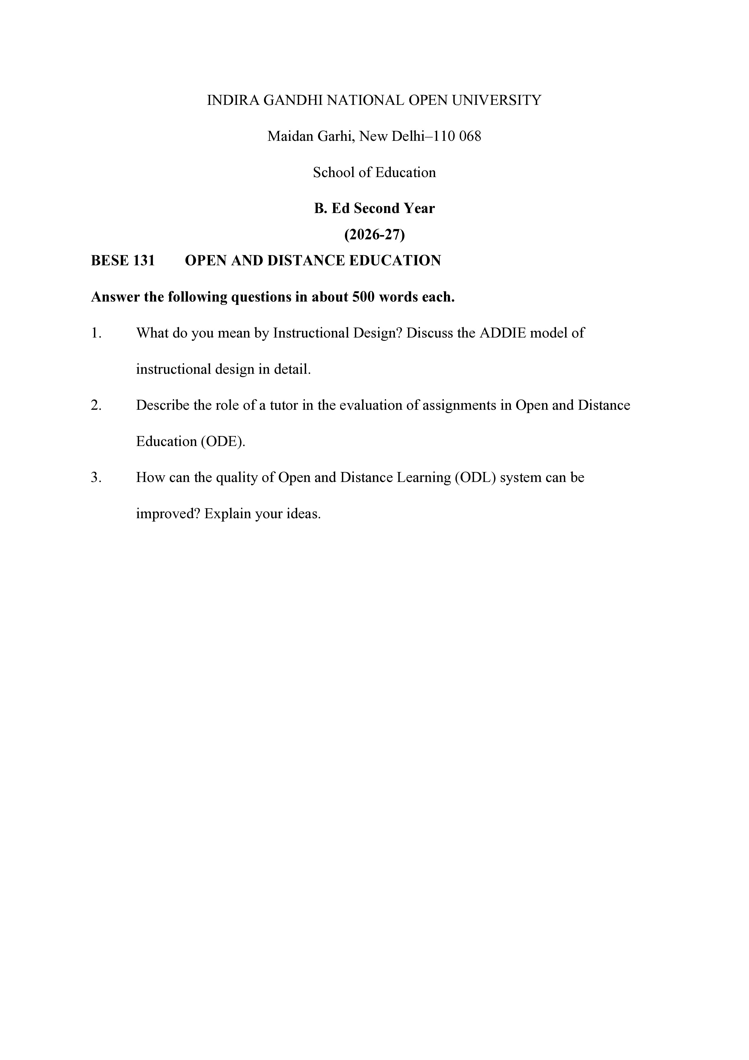 IGNOU BESE 131 Solved Assignment 2026-26 – Open and Distance Education (English) | IGNOU Students Portal