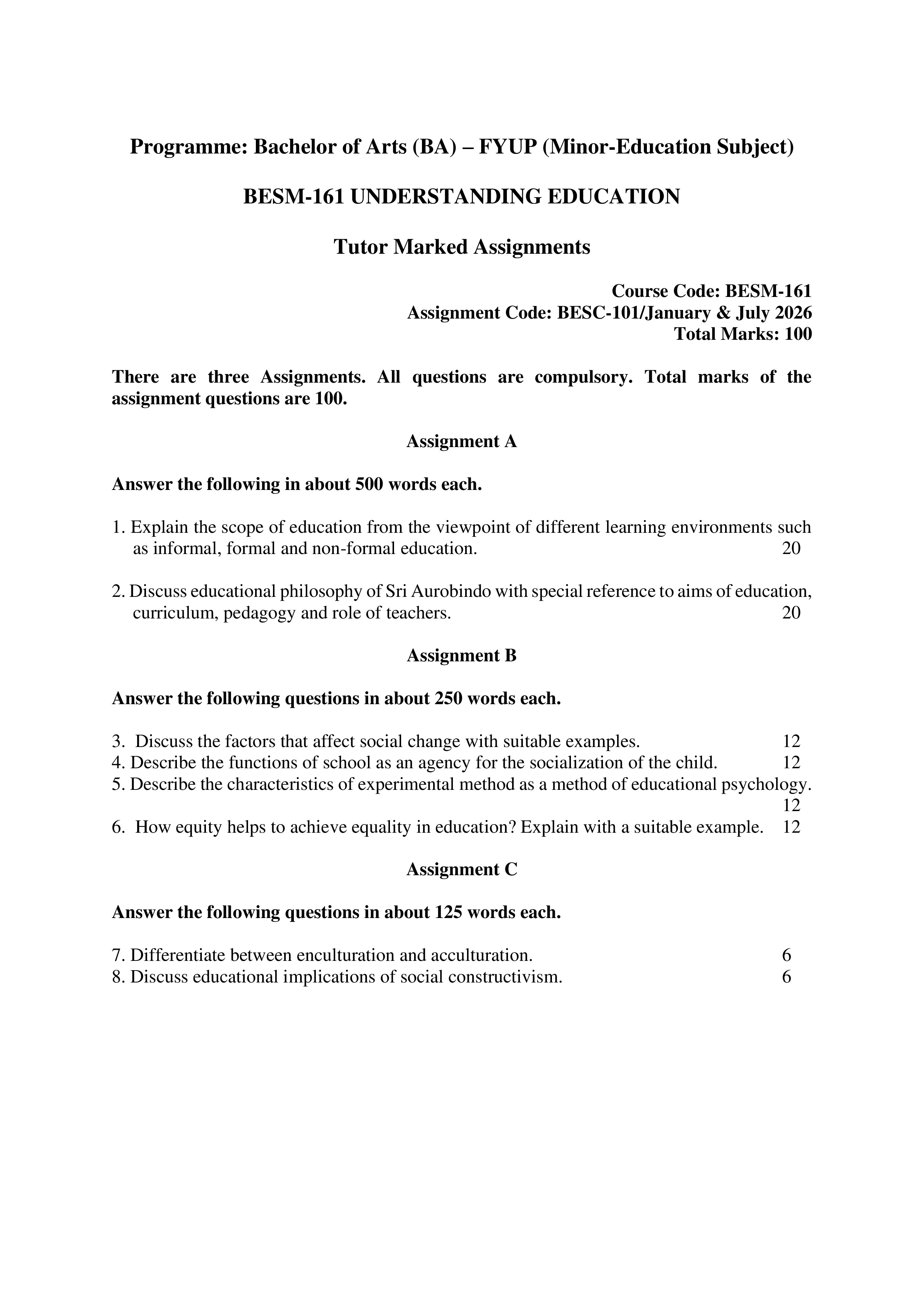 IGNOU BESM 161 Solved Assignment 2026-26 – Understanding Education (English) | IGNOU Students Portal