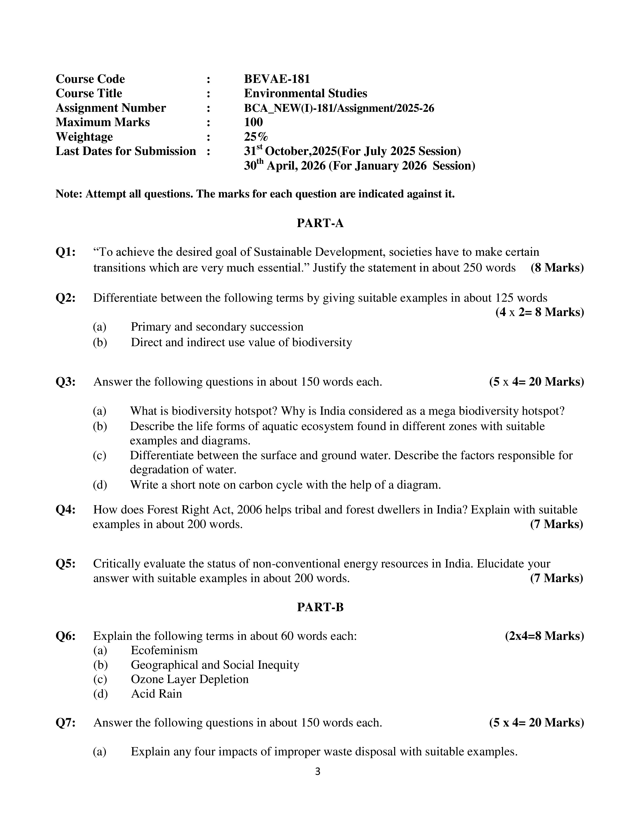 IGNOU BEVAE 181 Solved Assignment 2025-2026 – Ability Enhancement Compulsory Course (AECC) on Environmental Studies (English) | IGNOU Students Portal