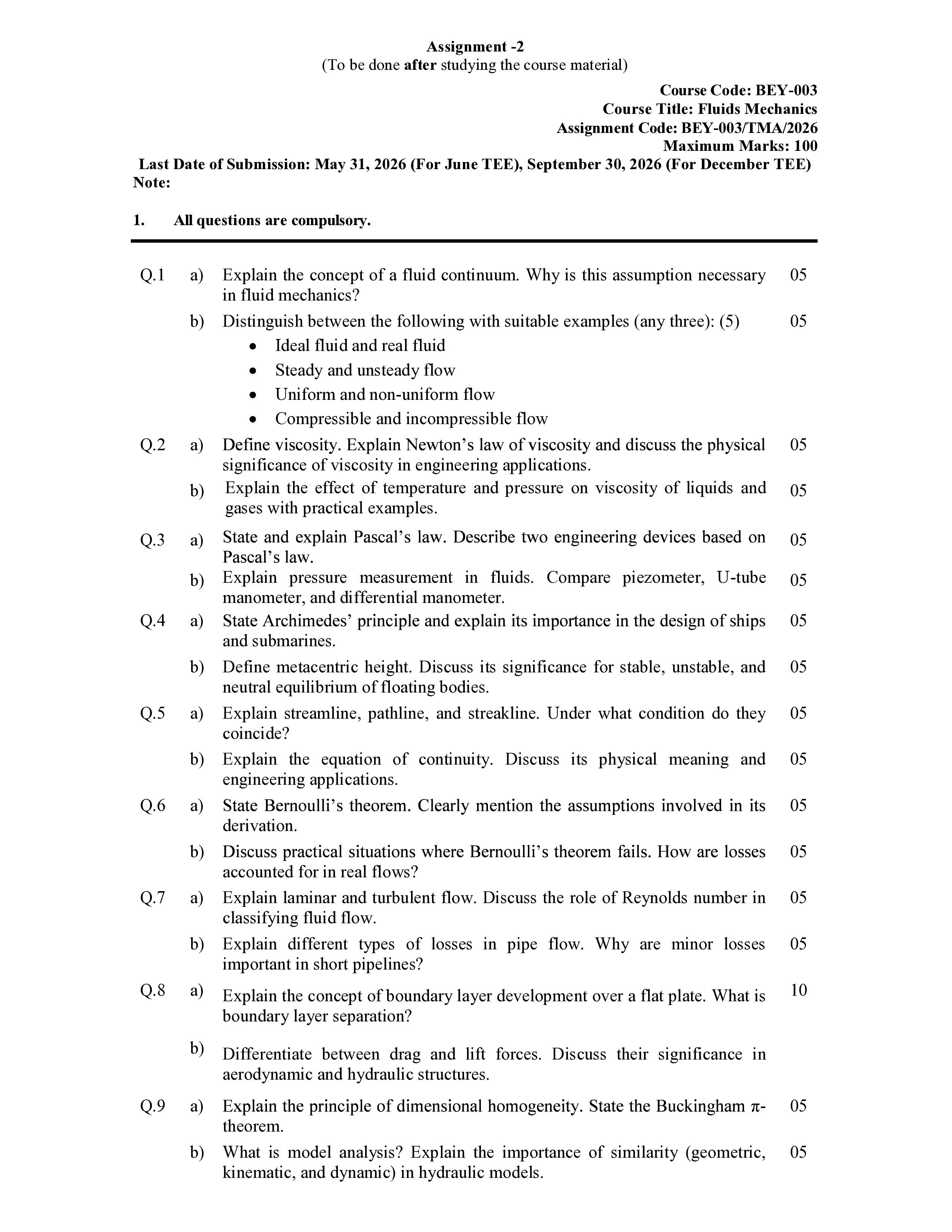 IGNOU BEY 003 Solved Assignment 2026-26 – FLUID MECHANICS (English) | IGNOU Students Portal