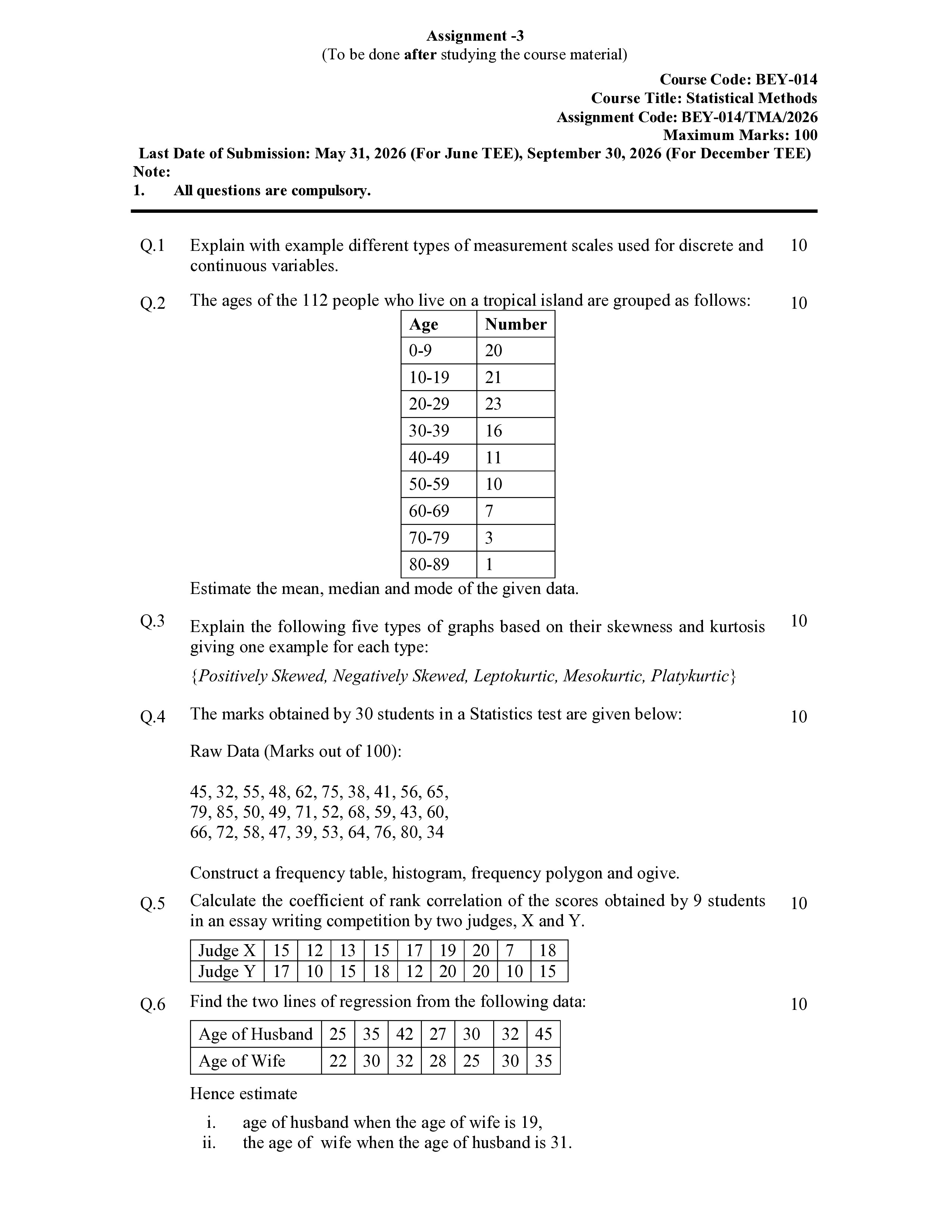 IGNOU BEY 014 Solved Assignment 2026-26 – STATISTICAL METHOD (English) | IGNOU Students Portal