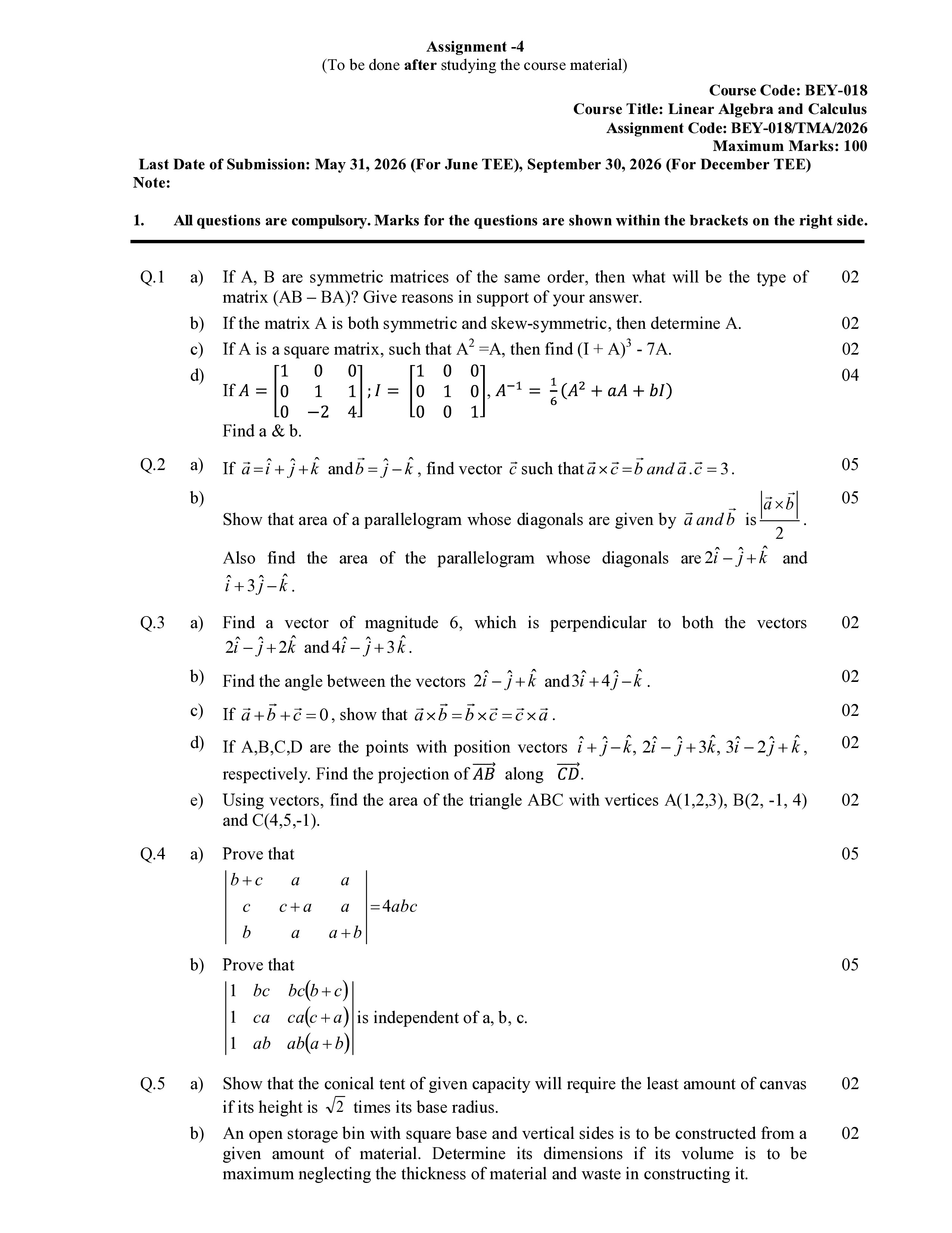 IGNOU BEY 018 Solved Assignment 2026-26 – LINEAR ALGEBRA AND CALCULUS (English) | IGNOU Students Portal