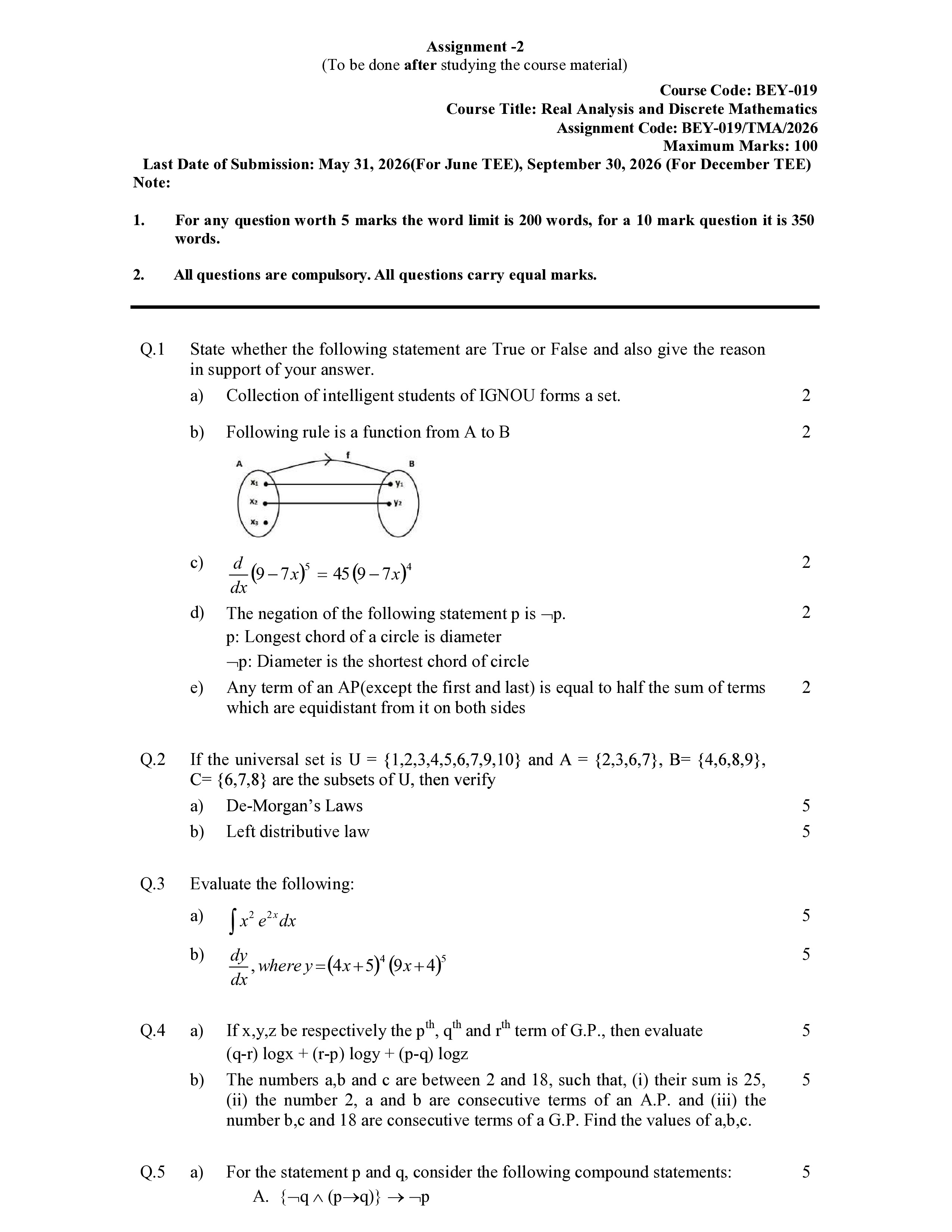 IGNOU BEY 019 Solved Assignment 2026-26 – Real Analysis and Discrete Mathematics (English) | IGNOU Students Portal