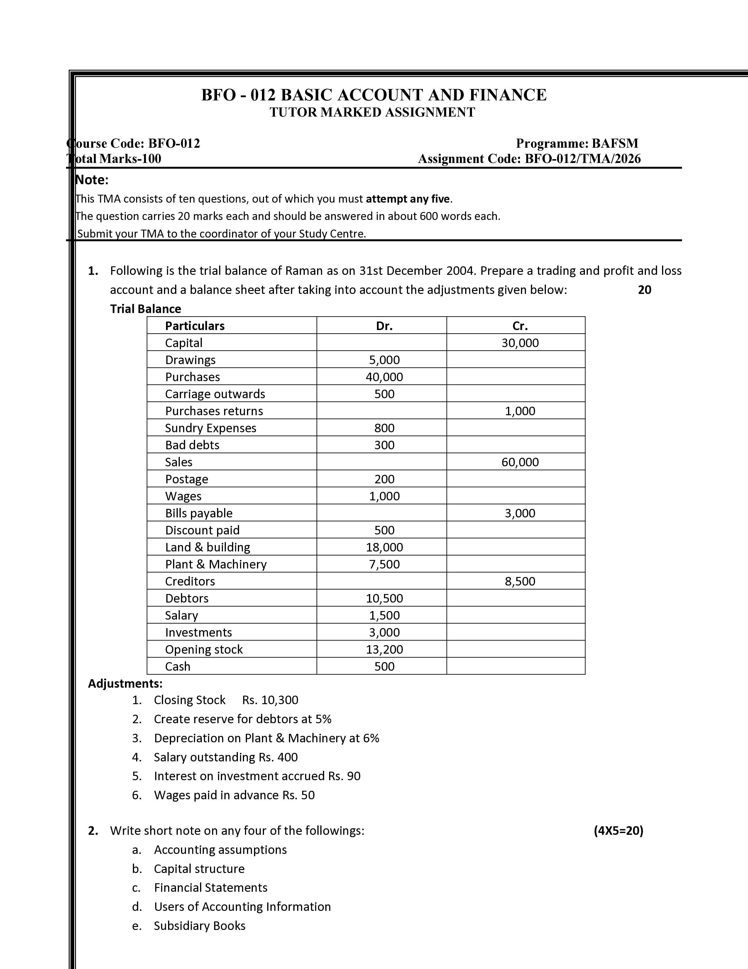 IGNOU BFO 012 Solved Assignment 2026-26 – BASIC ACCOUNTS AND FINANCE (English) | IGNOU Students Portal