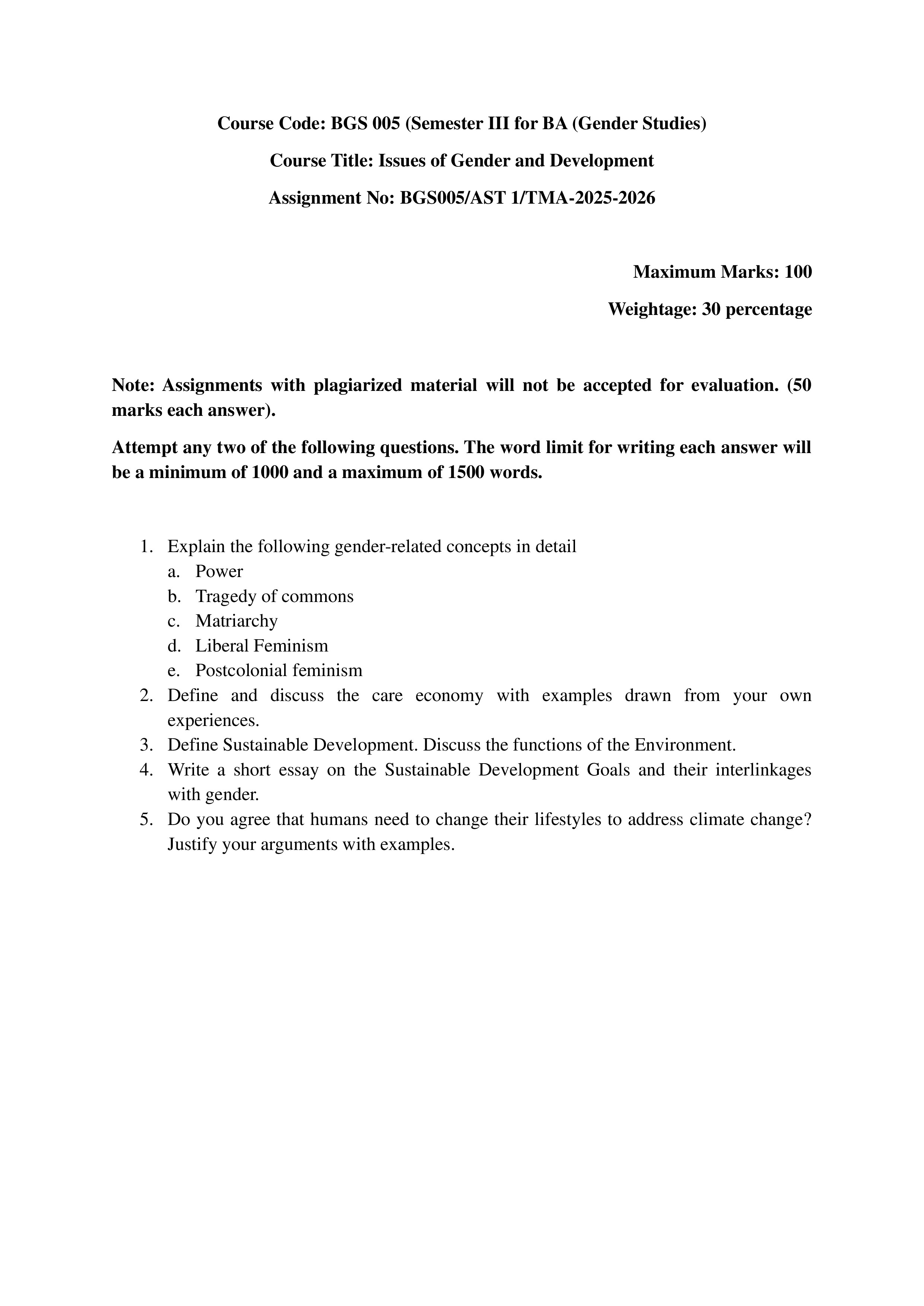 IGNOU BGS 005 Solved Assignment 2025-2026 – Issues of Gender and Development (English) | IGNOU Students Portal