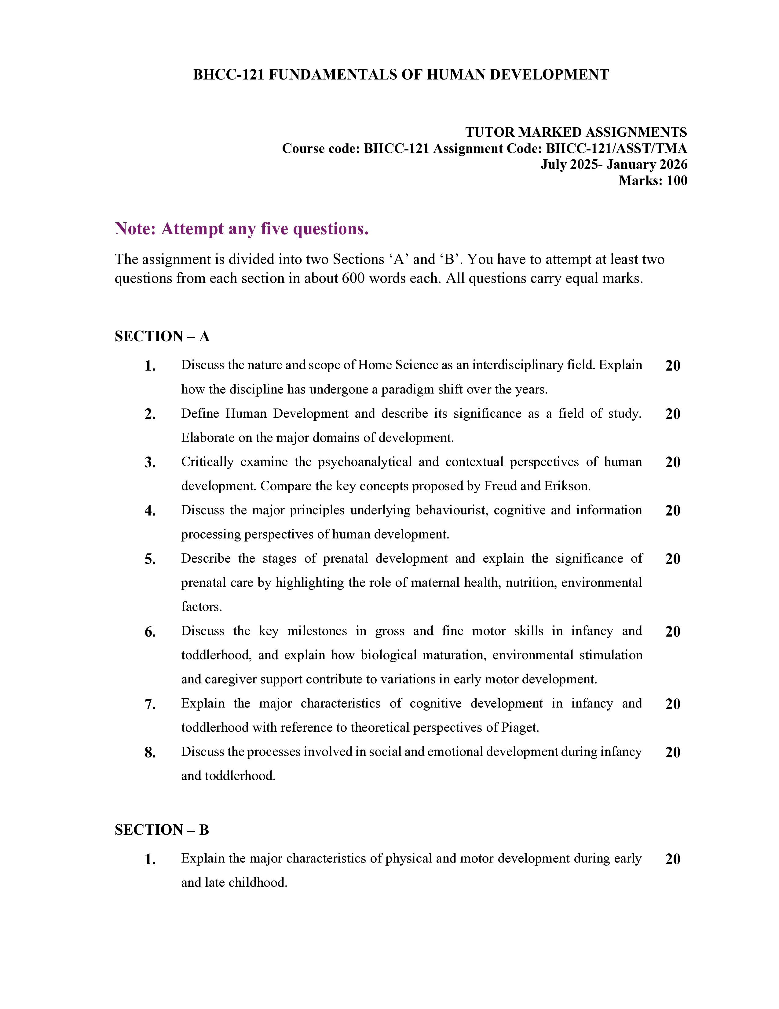 IGNOU BHCC 121 Solved Assignment 2025-2026 – Fundamentals of Human Development (English) | IGNOU Students Portal