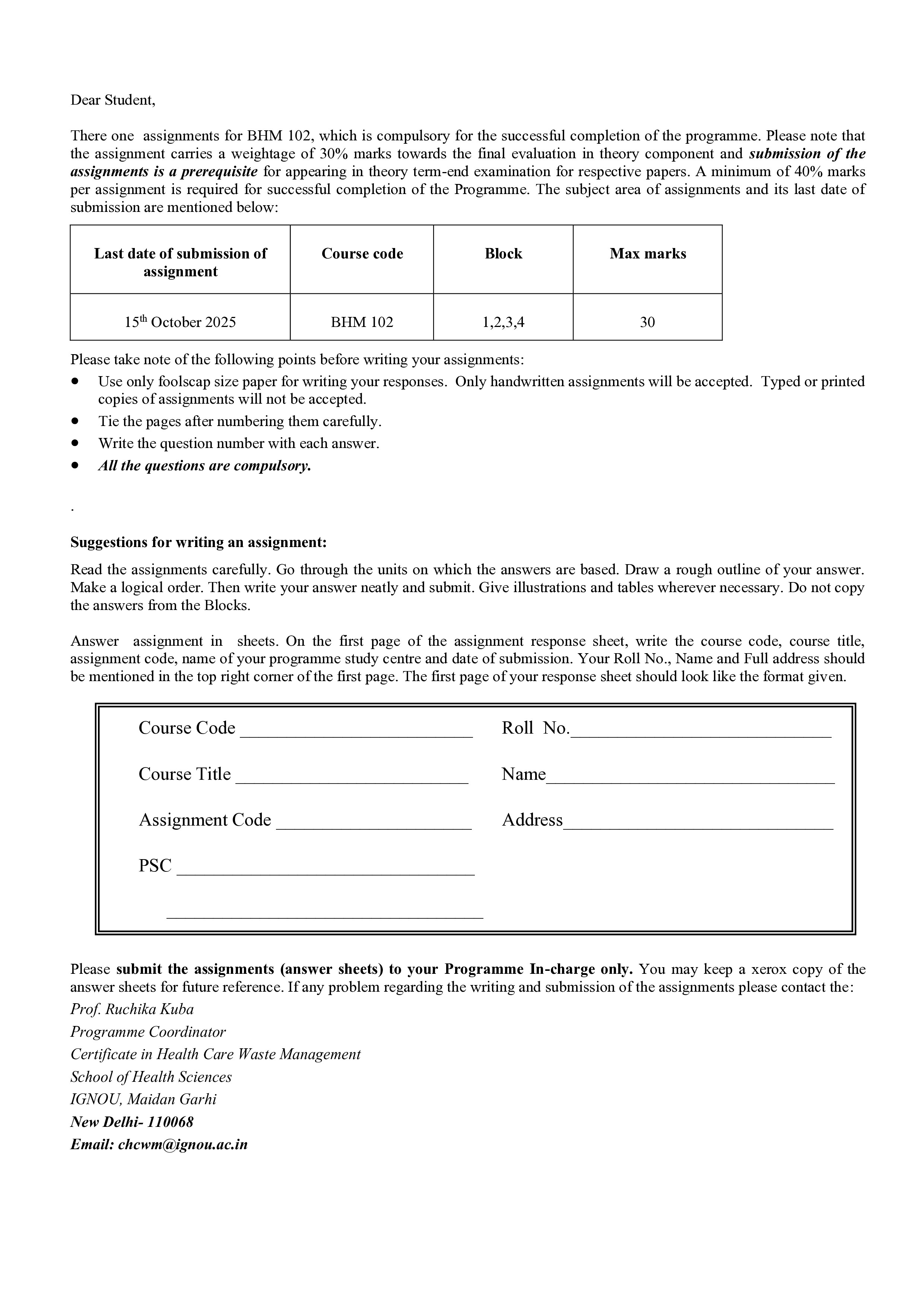 IGNOU BHM 102 Solved Assignment 2025-25 – Health Care Waste Management concepts, technologies and training (English) | IGNOU Students Portal