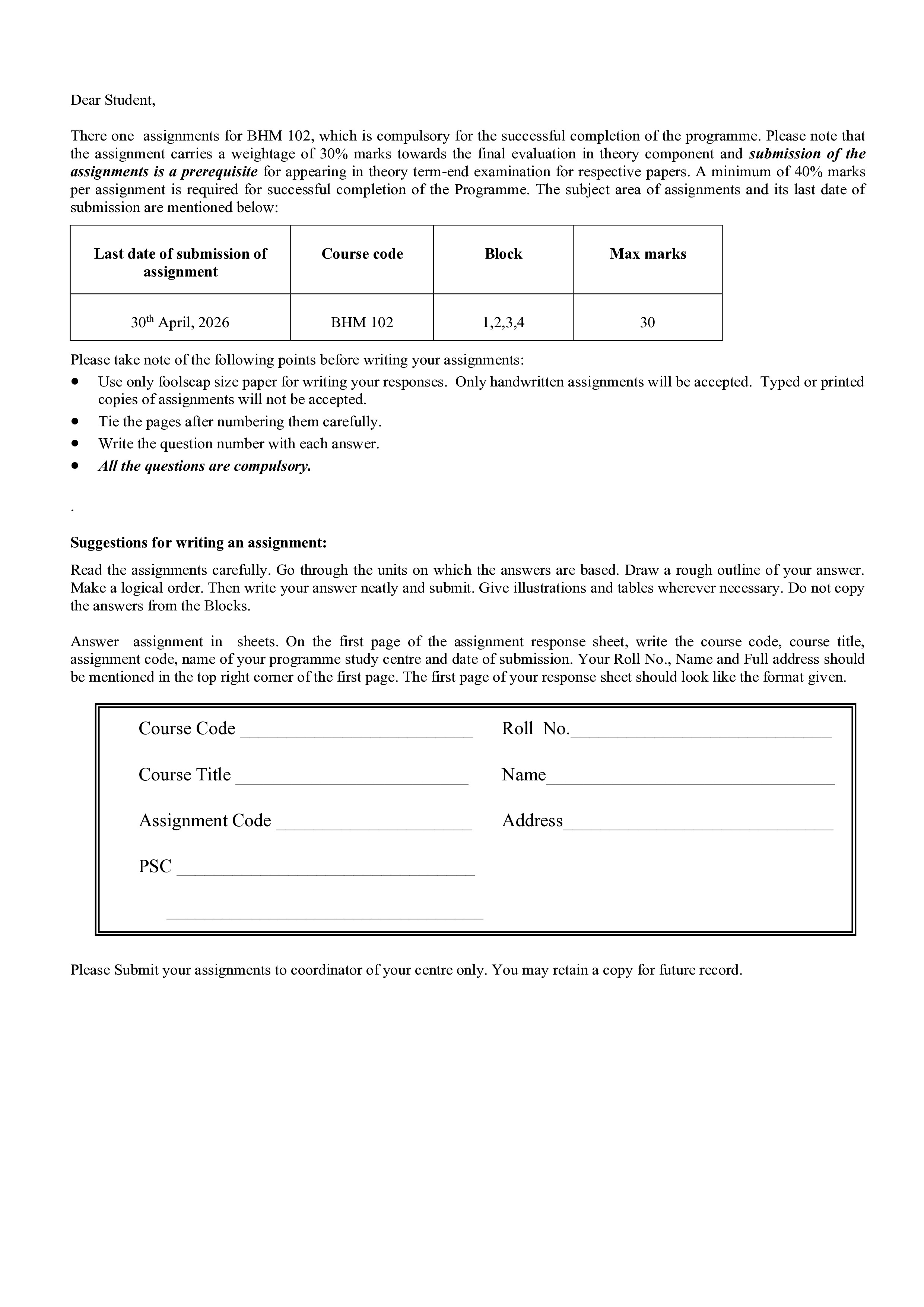 IGNOU BHM 102 Solved Assignment 2026-26 – Health Care Waste Management concepts, technologies and training (English) | IGNOU Students Portal