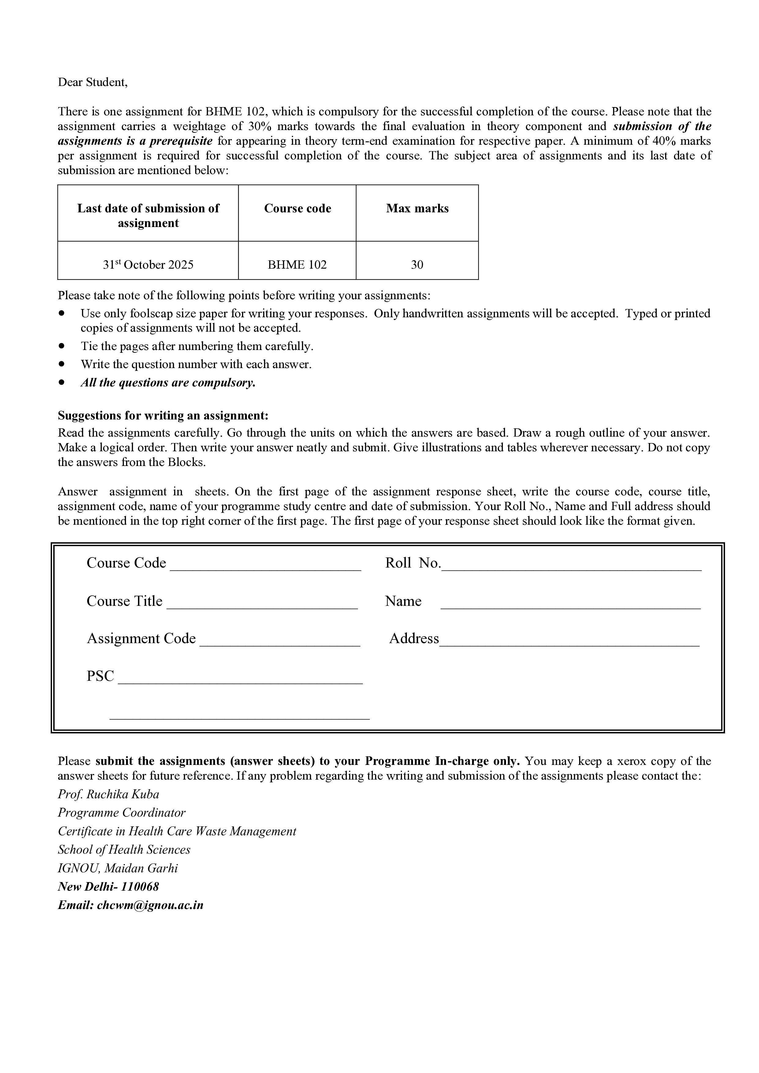 IGNOU BHME 102 Solved Assignment 2025-25 – Worker Safety and Patient Safety (English) | IGNOU Students Portal