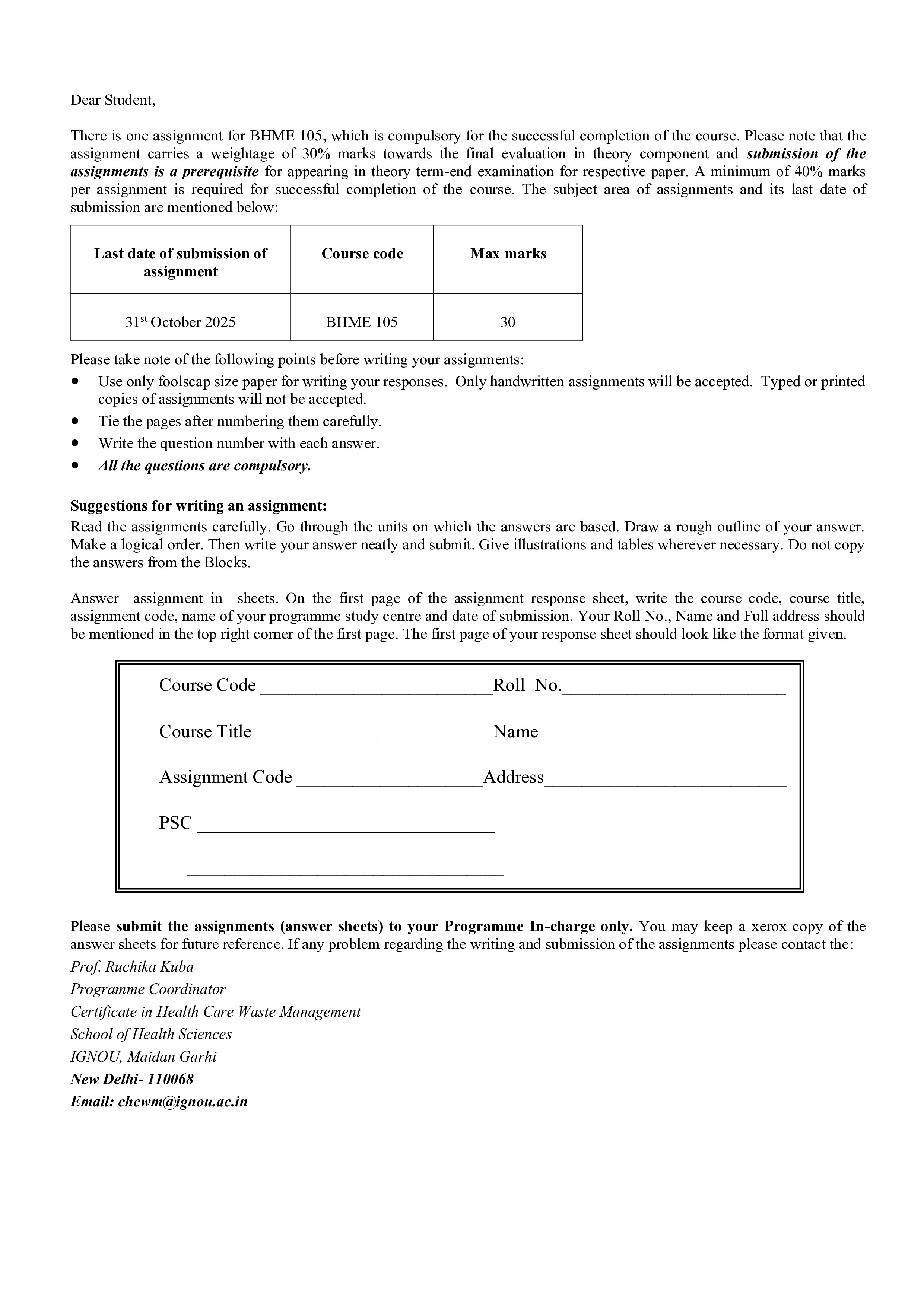 IGNOU BHME 105 Solved Assignment 2025-25 – Special Considerations of Waste Management (English) | IGNOU Students Portal