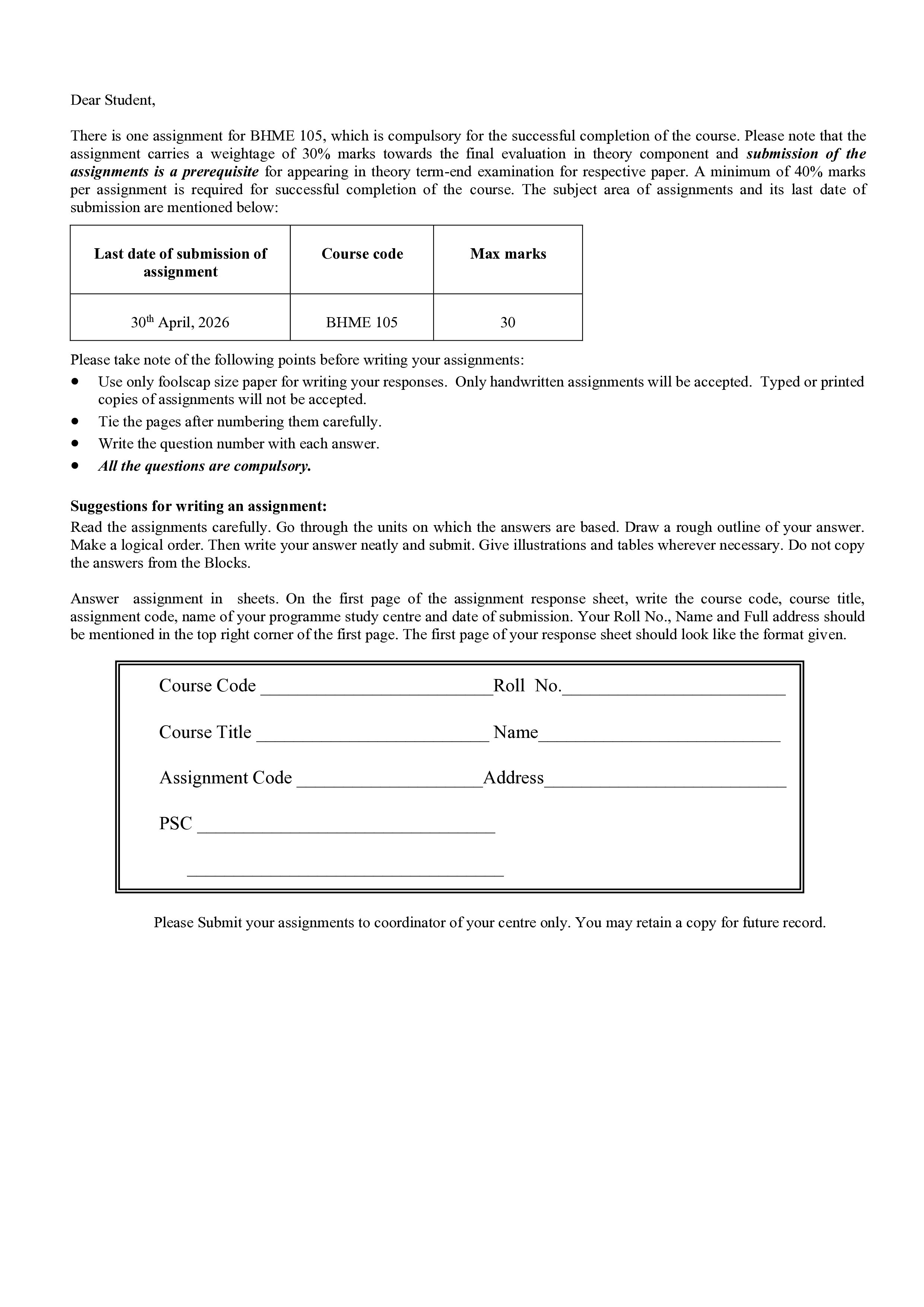 IGNOU BHME 105 Solved Assignment 2026-26 – Special Considerations of Waste Management (English) | IGNOU Students Portal