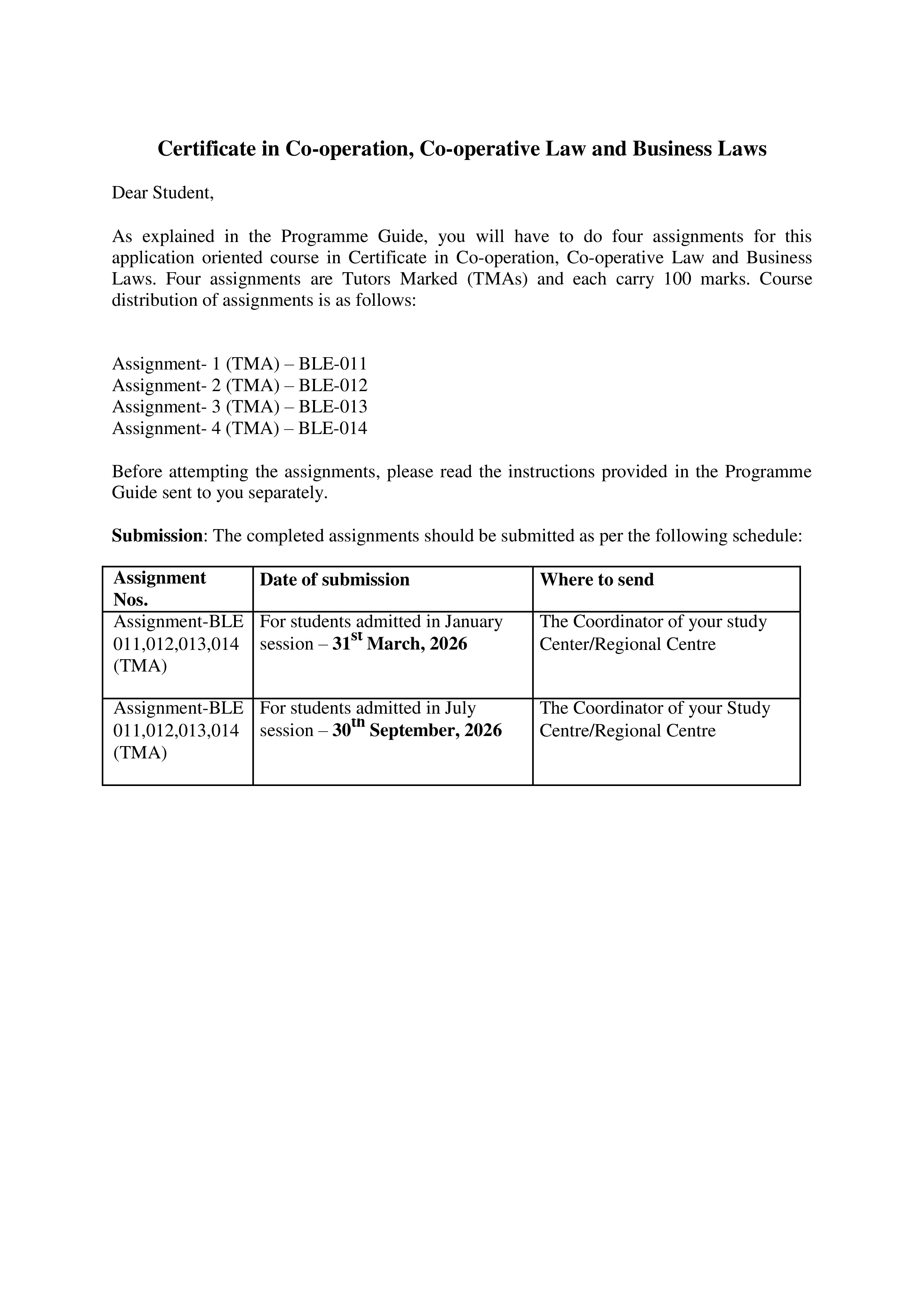 IGNOU BLE 013 Solved Assignment 2026-26 – Business Law as Applicable to Co-operative-I (English) | IGNOU Students Portal
