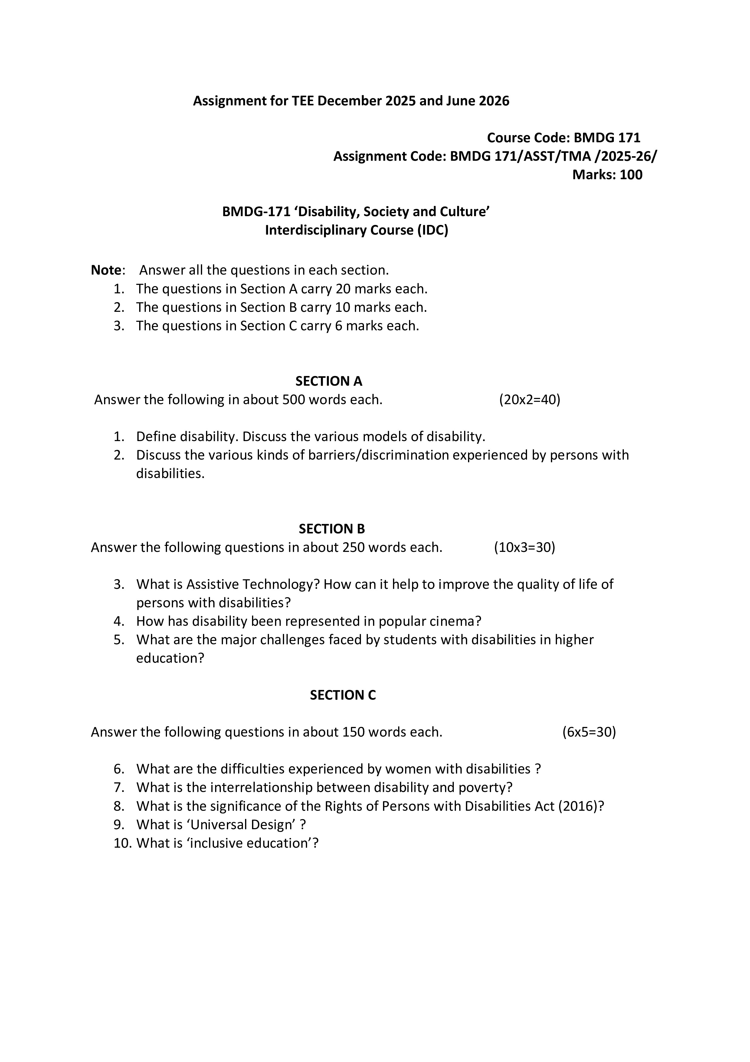 IGNOU BMDG 171 Solved Assignment 2025-2026 – Disability Society and Culture (English) | IGNOU Students Portal