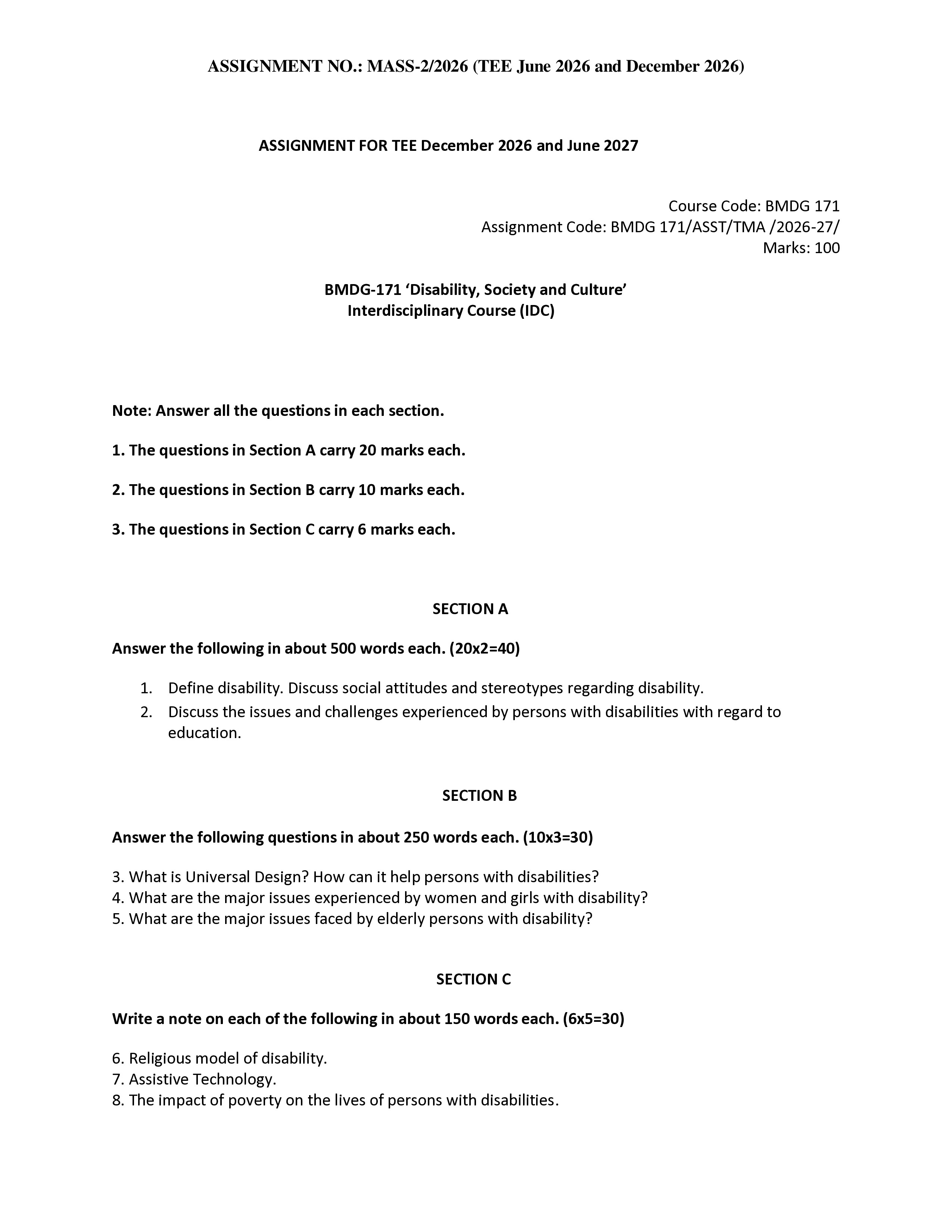 IGNOU BMDG 171 Solved Assignment 2026-26 – Disability Society and Culture (English) | IGNOU Students Portal