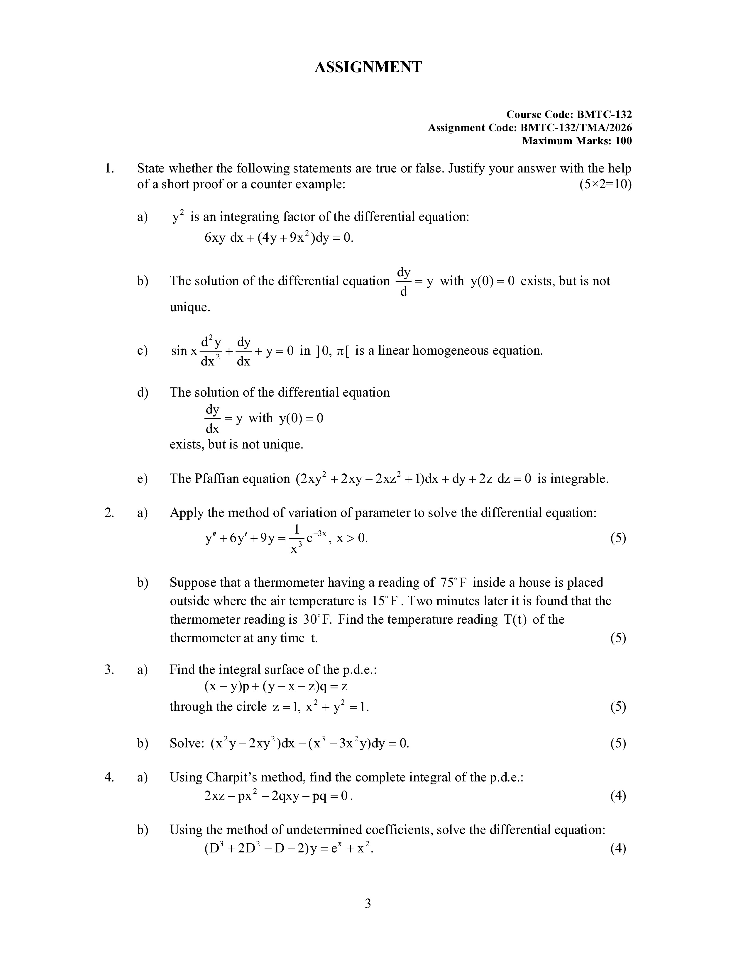 IGNOU BMTC 132 Solved Assignment 2026-26 – Differential Equations (English) | IGNOU Students Portal