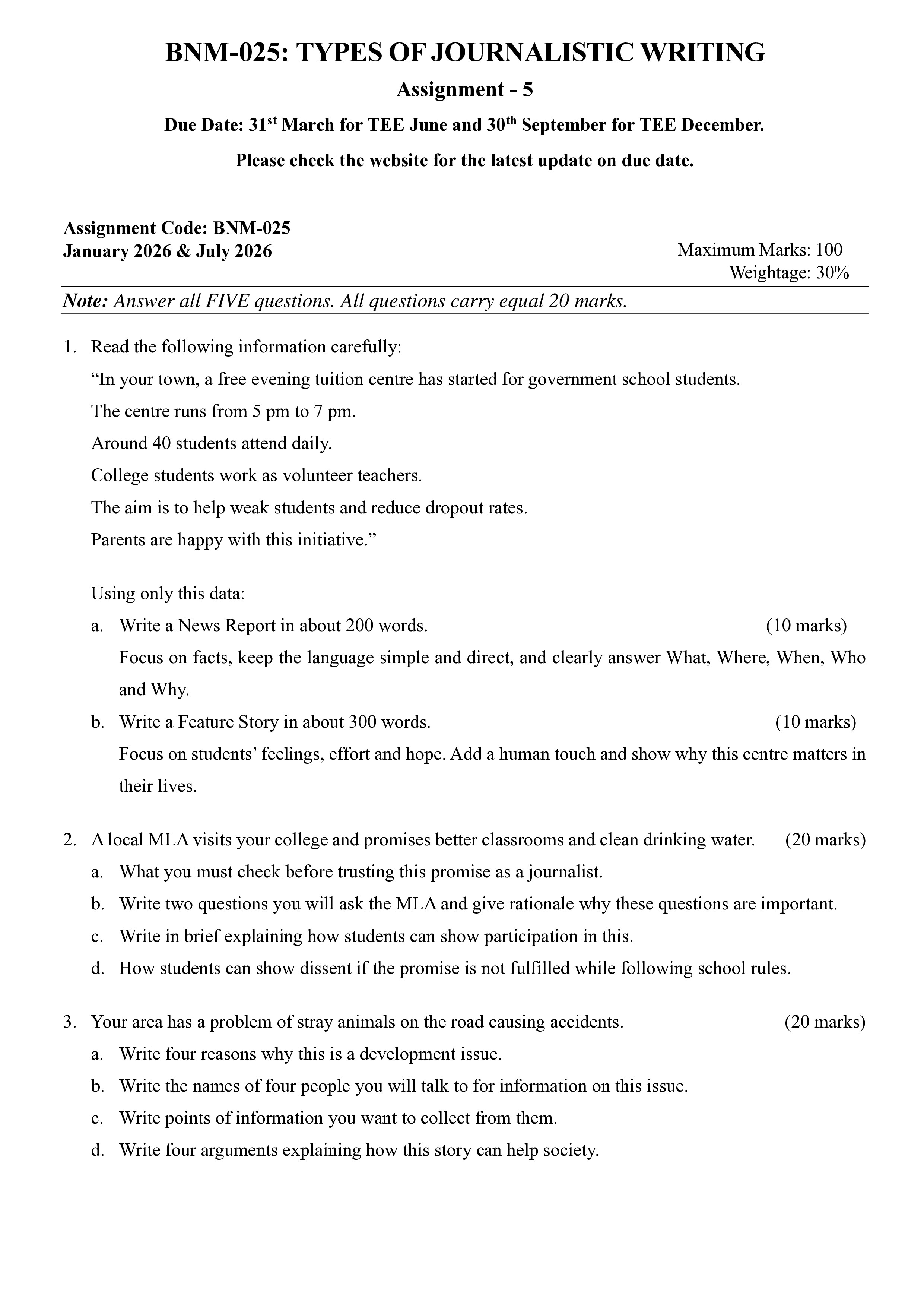 IGNOU BNM 025 Solved Assignment 2026-26 – Types of Journalistic Writings (English) | IGNOU Students Portal
