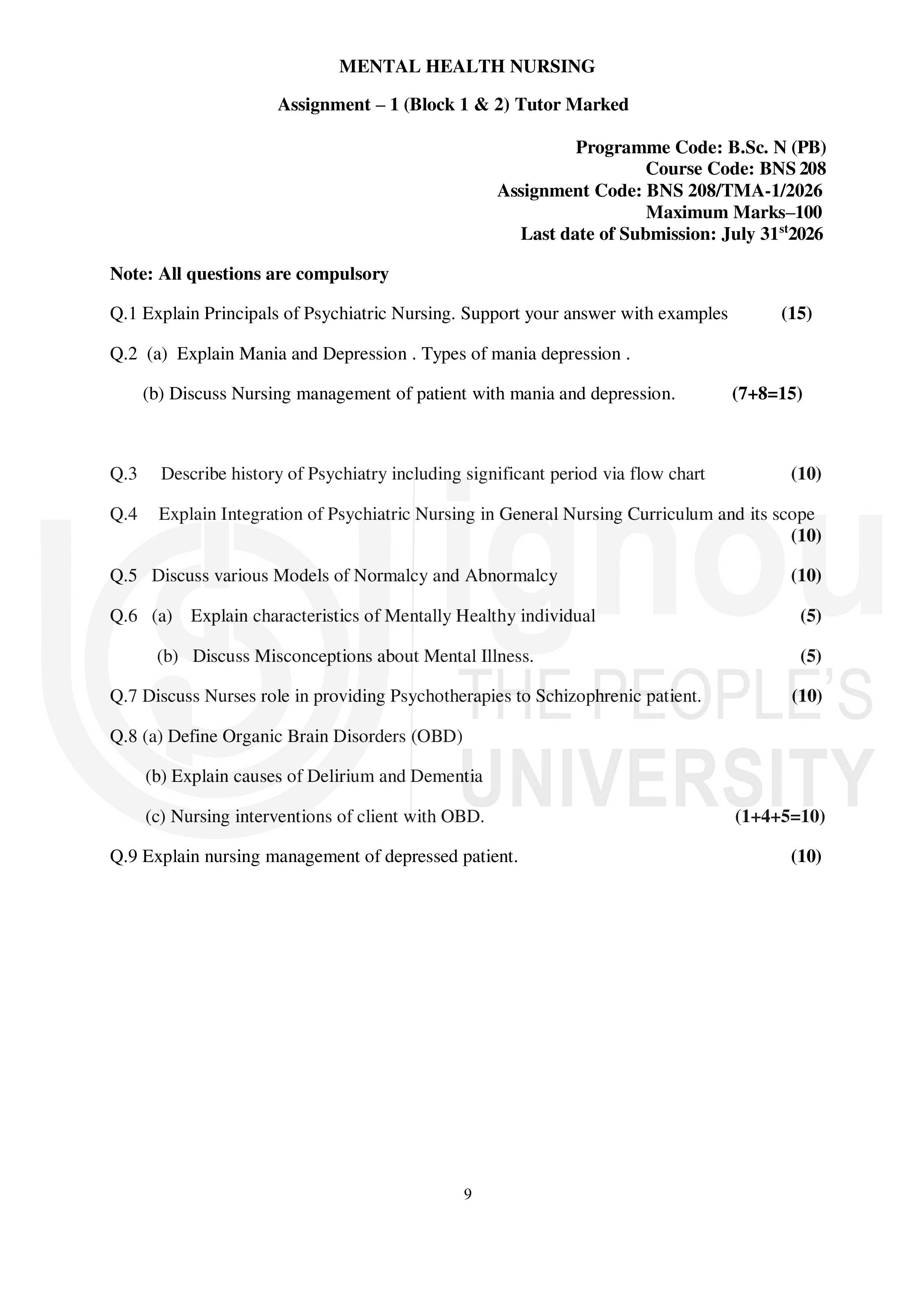 IGNOU BNS 208 Solved Assignment 2026-26 – Mental Health Nursing (English) | IGNOU Students Portal