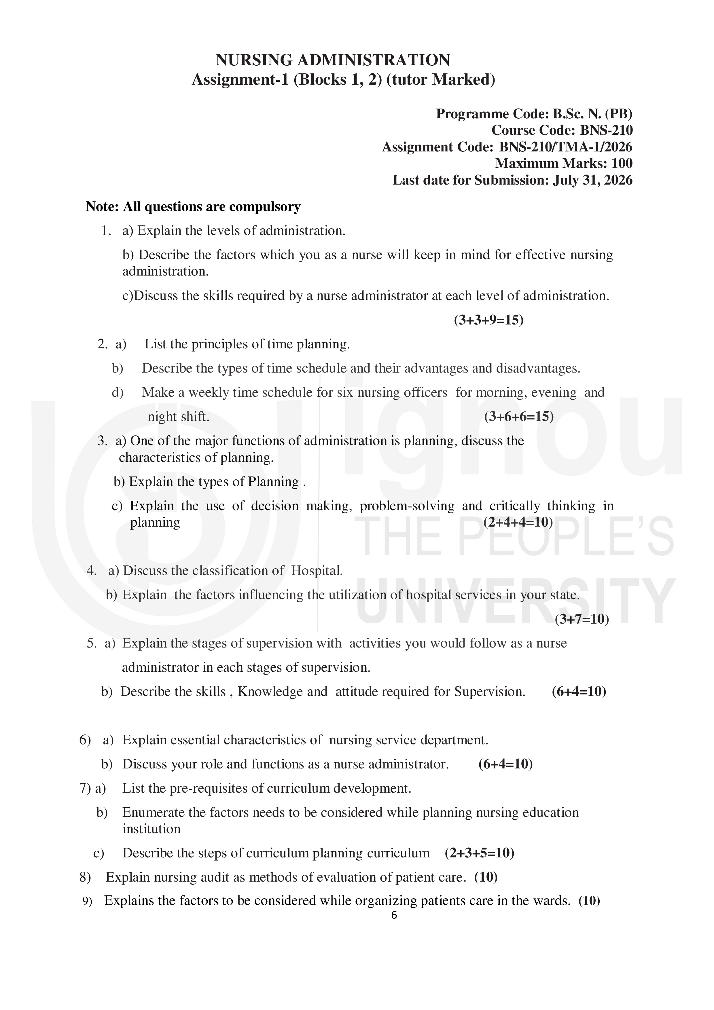 IGNOU BNS 210 Solved Assignment 2026-26 – Nursing Administration and Management (English) | IGNOU Students Portal