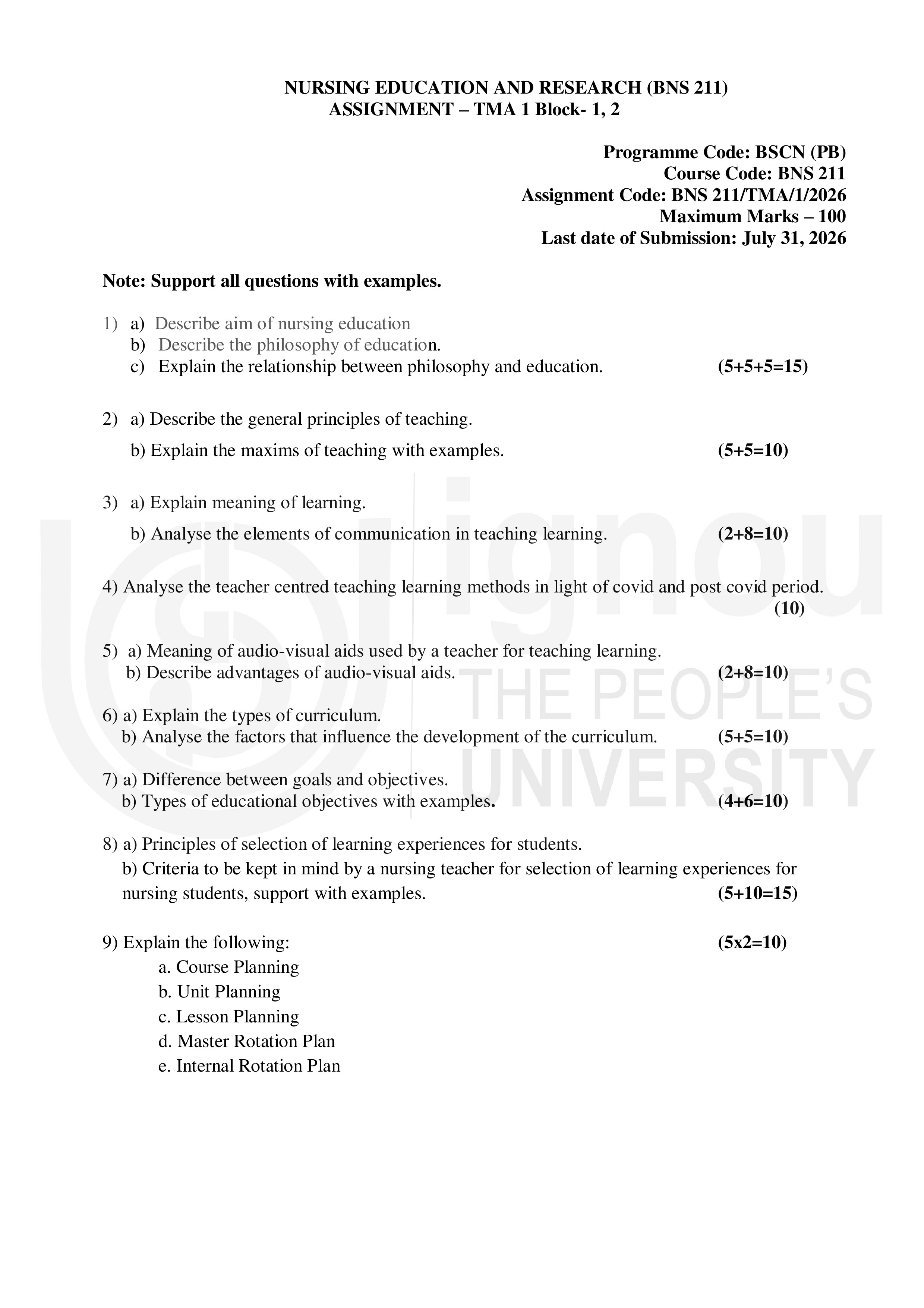 IGNOU BNS 211 Solved Assignment 2026-26 – Nursing Education and Research (English) | IGNOU Students Portal