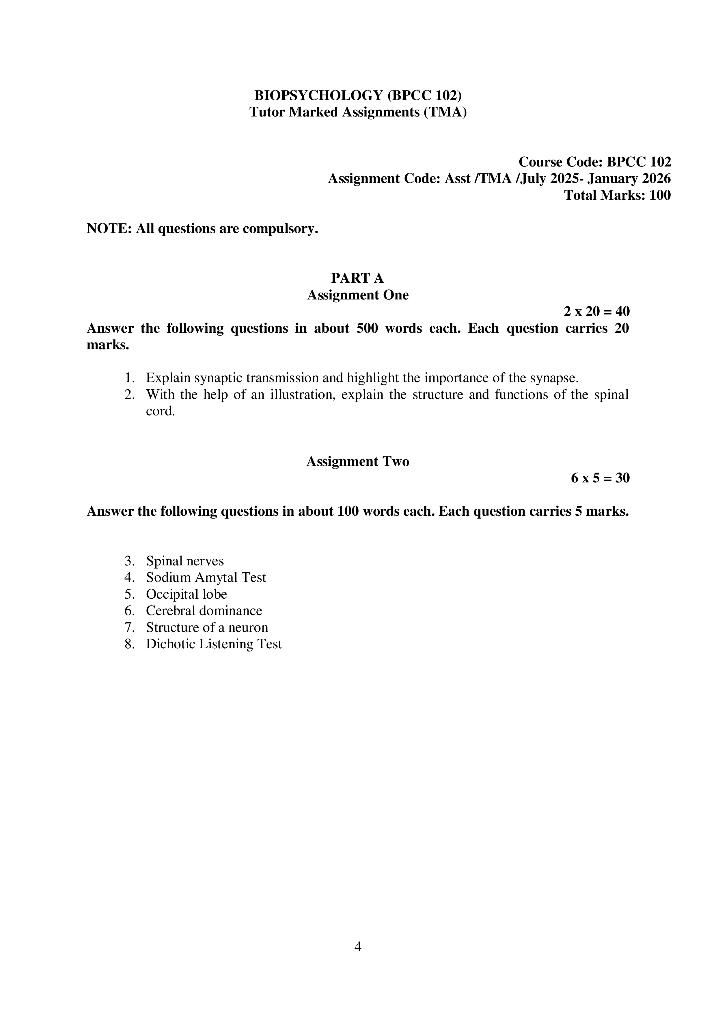 IGNOU BPCC 102 Solved Assignment 2025-2026 – Biopsychology (English) | IGNOU Students Portal