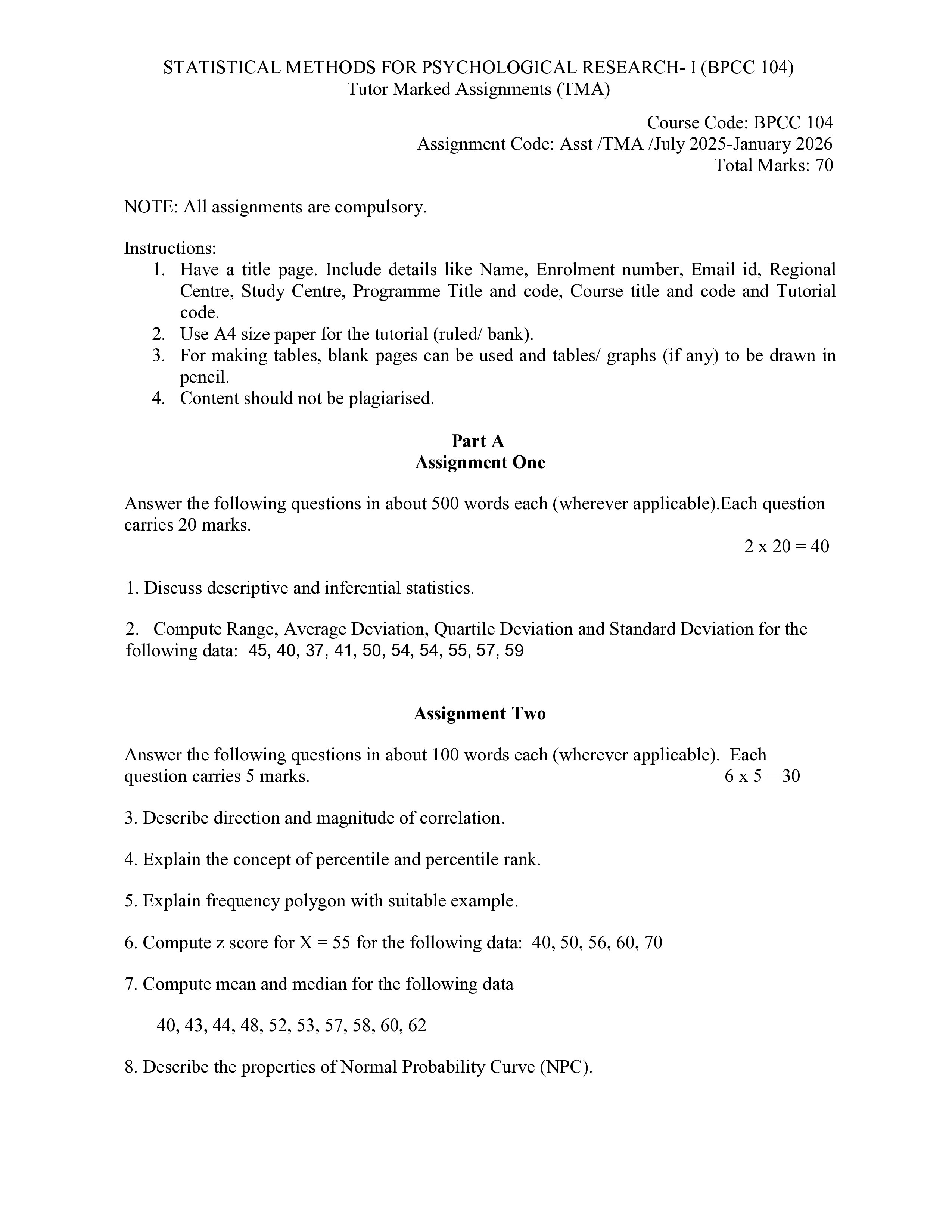 IGNOU BPCC 104 Solved Assignment 2025-2026 – Statistical Methods for Psychological Research-I (English) | IGNOU Students Portal