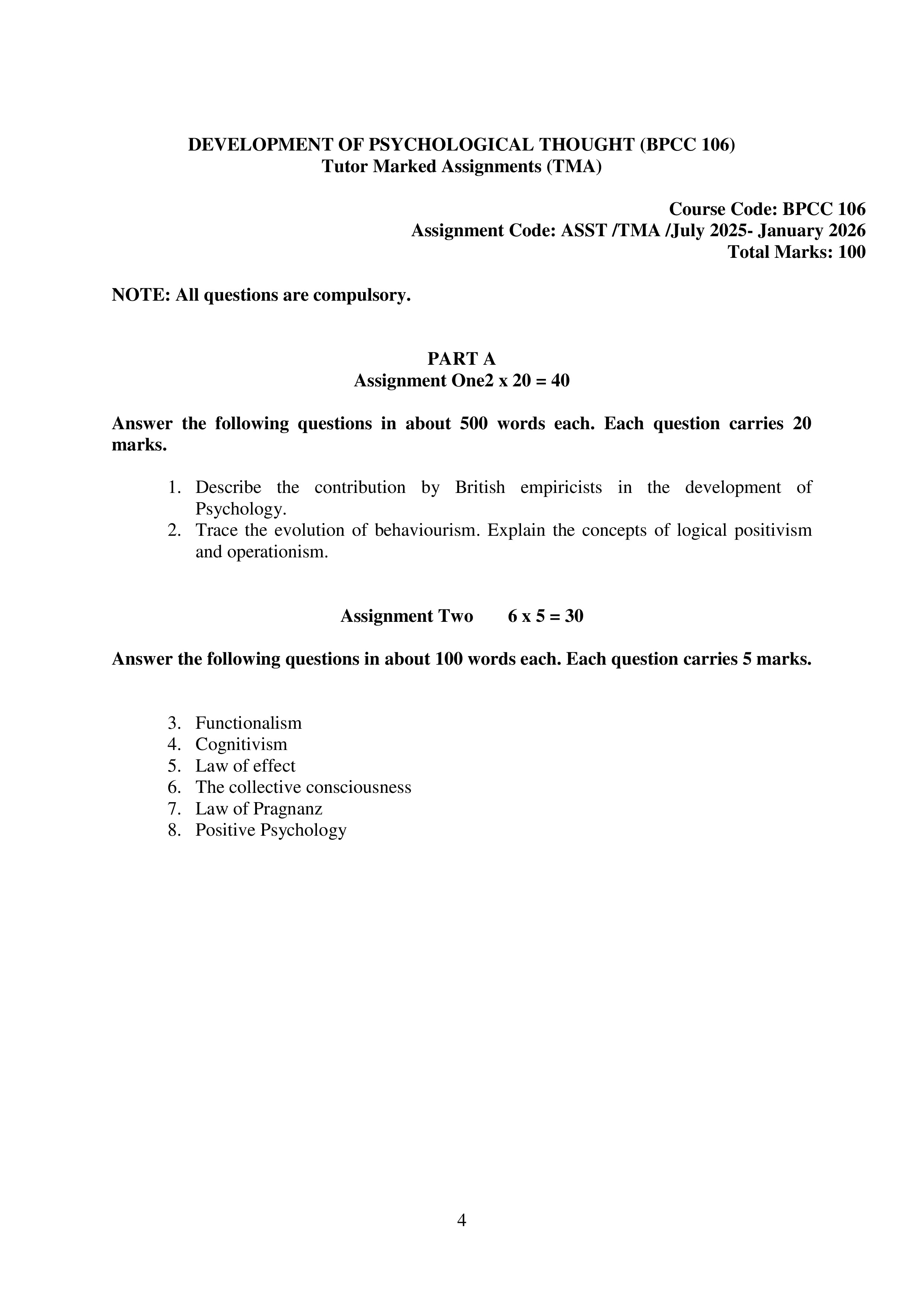 IGNOU BPCC 106 Solved Assignment 2025-2026 – Development of Psychological Thought (English) | IGNOU Students Portal