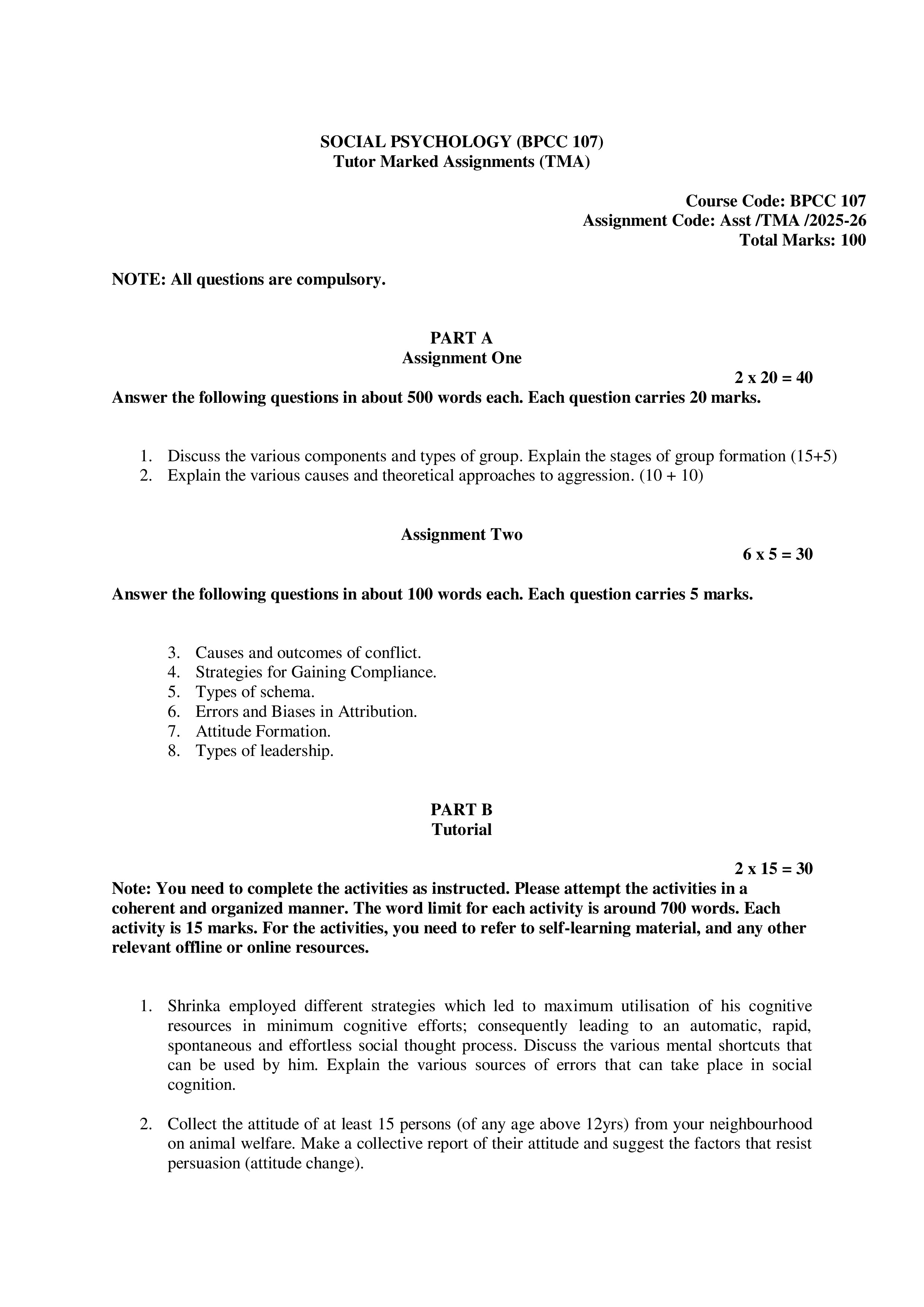 IGNOU BPCC 107 Solved Assignment 2025-2026 – Social Psychology (English) | IGNOU Students Portal
