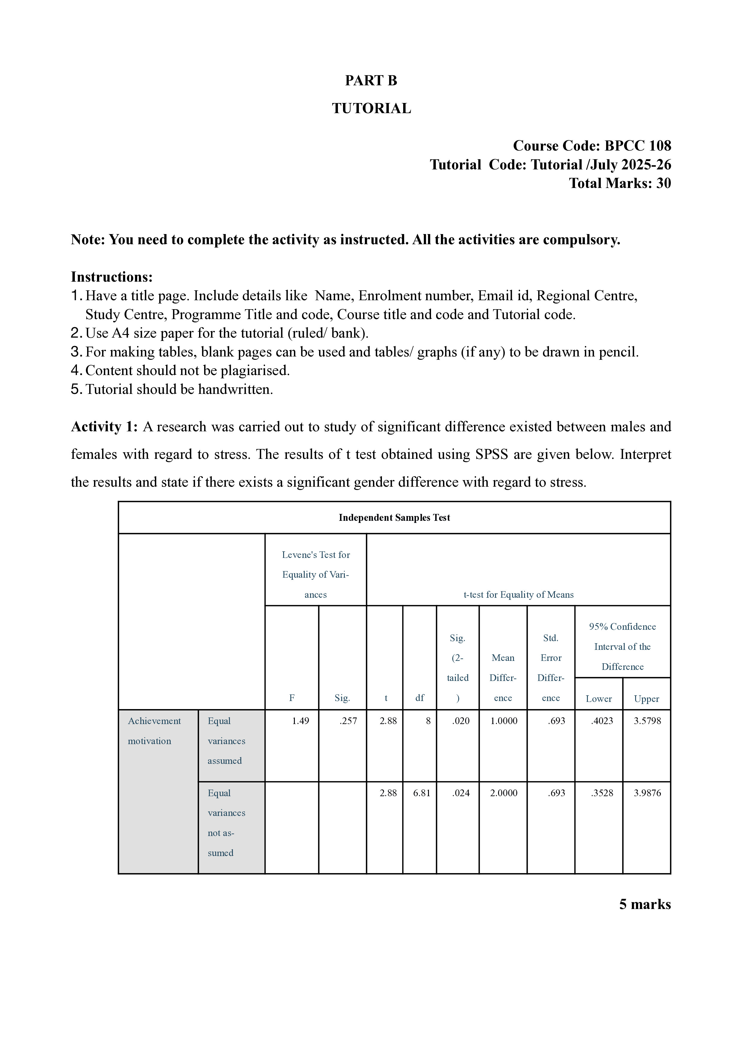 IGNOU BPCC 108 Solved Assignment 2025-2026 – Statistical Methods for Psychological Research-II (English) | IGNOU Students Portal
