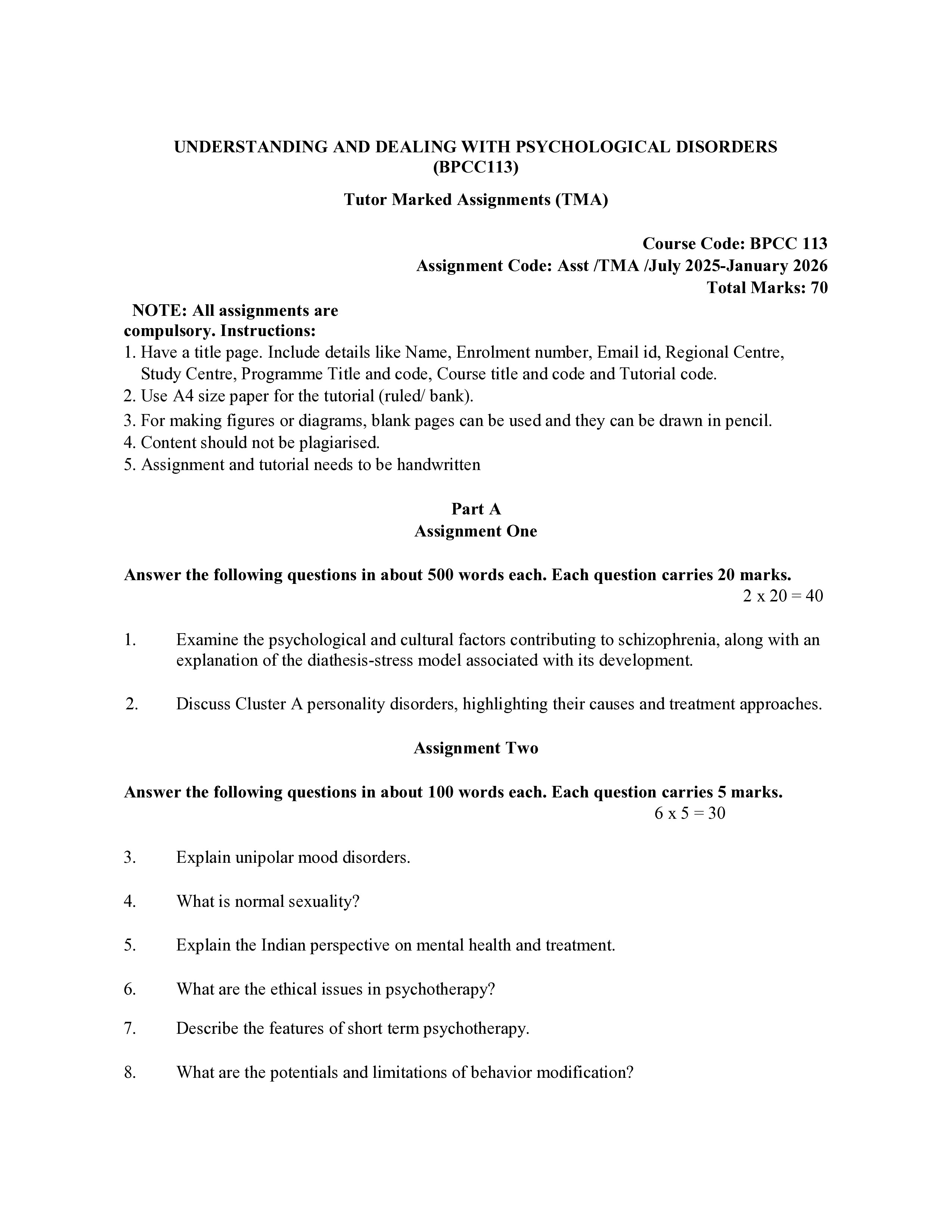 IGNOU BPCC 113 Solved Assignment 2025-2026 – Understanding and Dealing with Psychological Disorders (English) | IGNOU Students Portal
