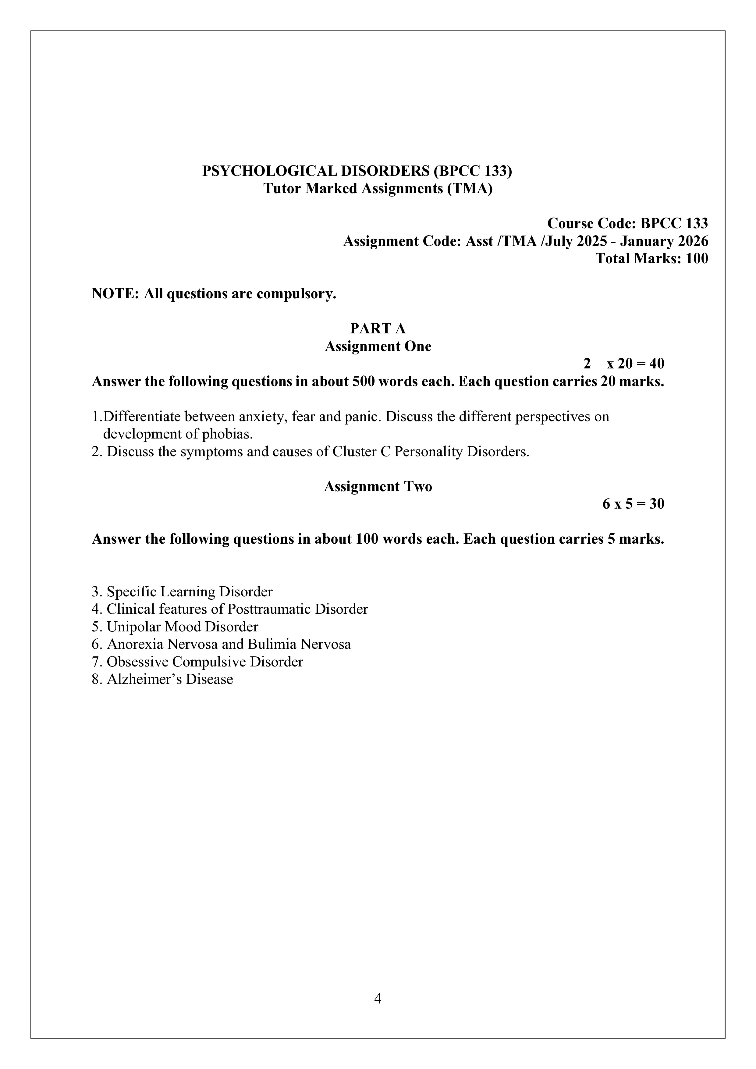 IGNOU BPCC 133 Solved Assignment 2025-2026 – Psychological Disorders (English) | IGNOU Students Portal