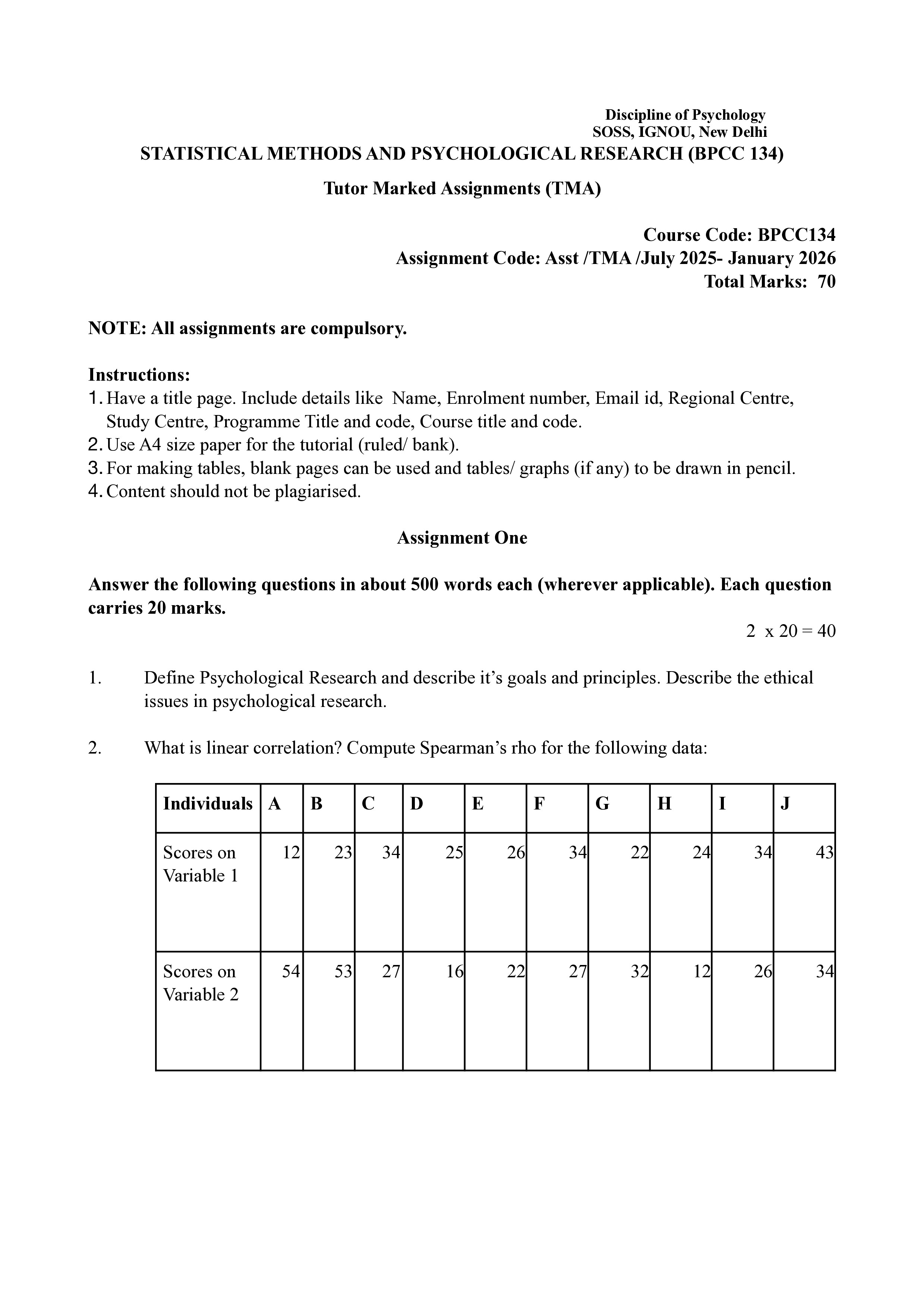 IGNOU BPCC 134 Solved Assignment 2025-2026 – Statistical Methods and Psychological Research (English) | IGNOU Students Portal